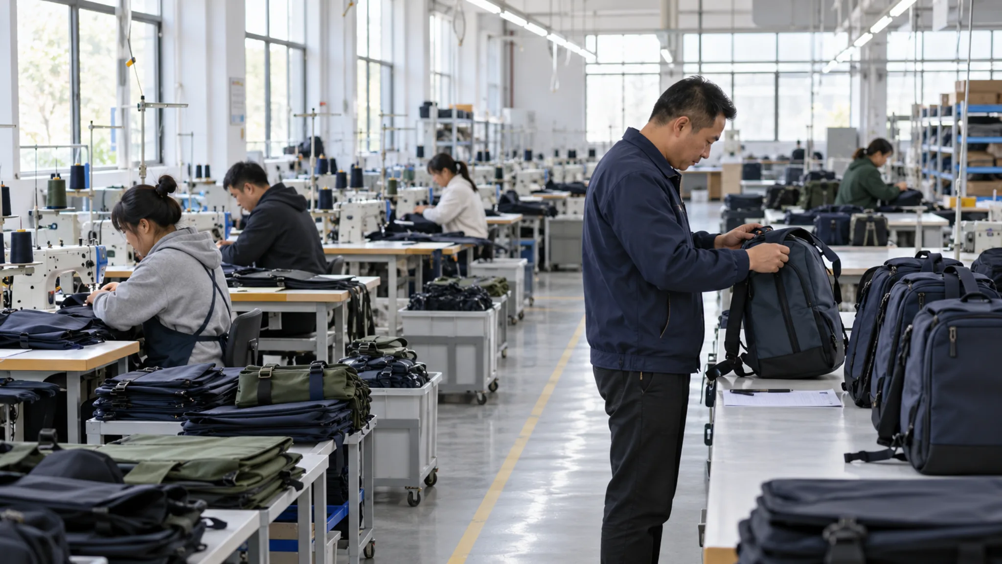 Supervisor checking first-off backpacks while a partially staffed bag sewing line restarts