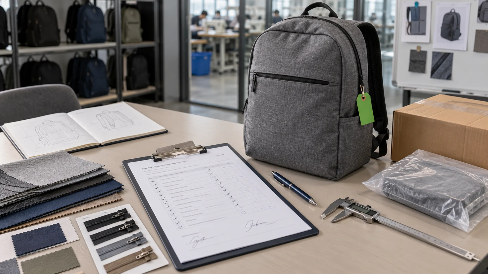 Approved backpack sample, fabric swatches, zipper card, packing sample and checklist on a factory project desk