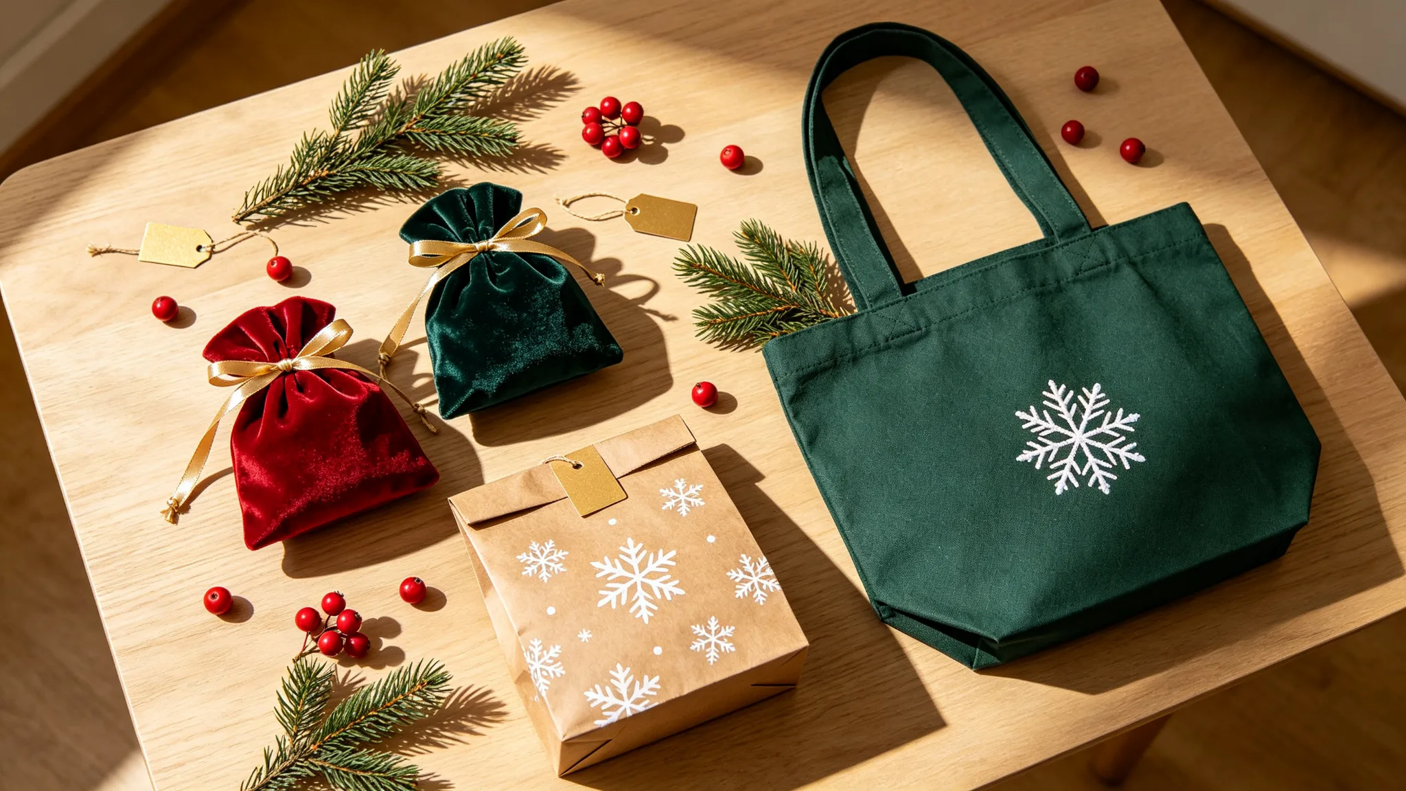 Flat lay of Christmas wholesale bags: red and dark green velvet drawstring gift pouches with gold ribbon, kraft gift bags with snowflake prints, and a dark green canvas tote with white snowflake embroidery
