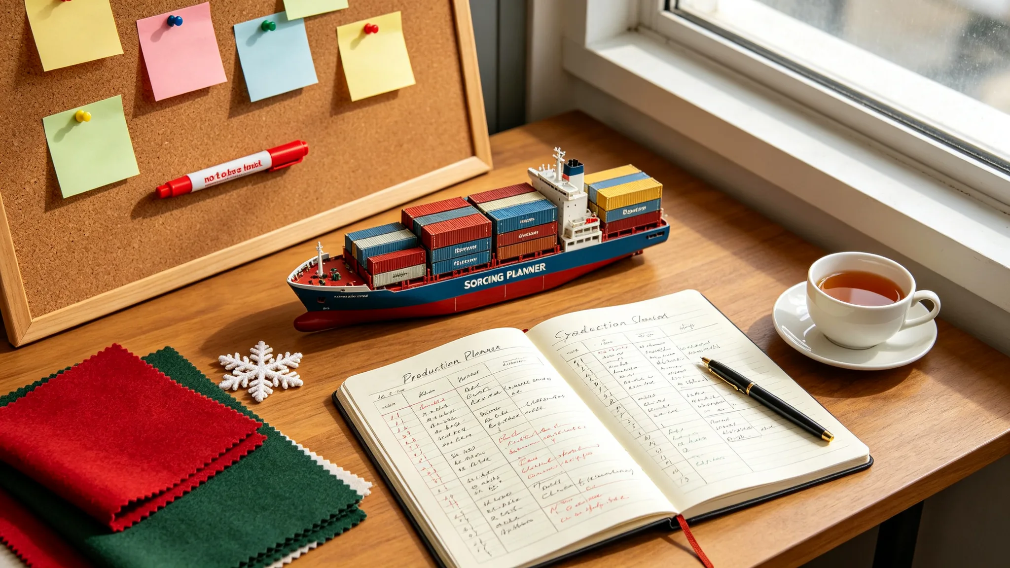 Planning desk with a sticky-note schedule, container ship model, notebook with a production schedule, and red and green fabric swatches for Christmas bag planning