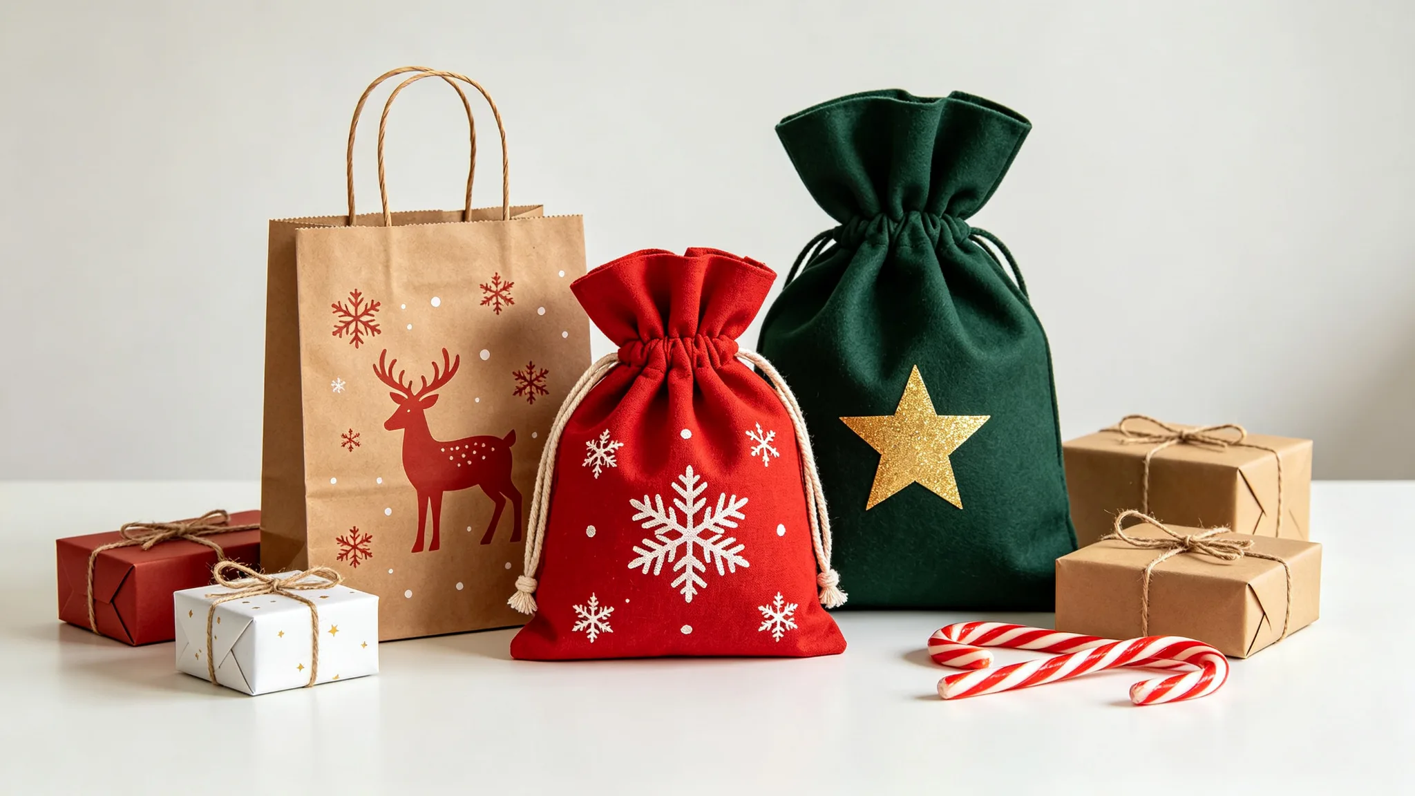 Three Christmas gift bags: a kraft paper bag with a reindeer and snowflake print, a red cotton drawstring bag with a snowflake print, and a dark green fabric bag with gold foil stars, beside wrapped gifts