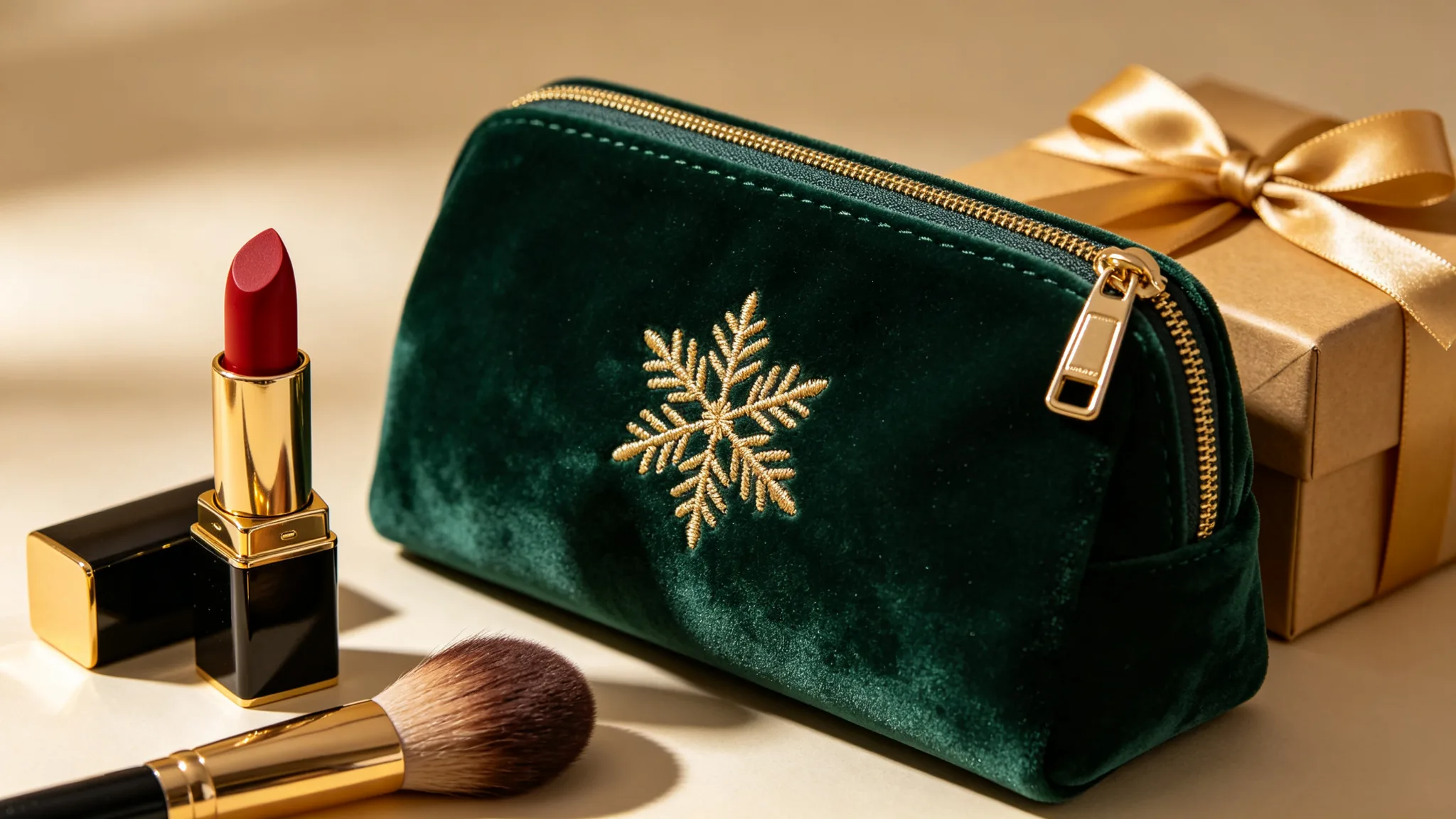 Dark green velvet cosmetic pouch with gold embroidered snowflake and gold zipper pull beside a red lipstick, makeup brush, and a gift box with gold ribbon