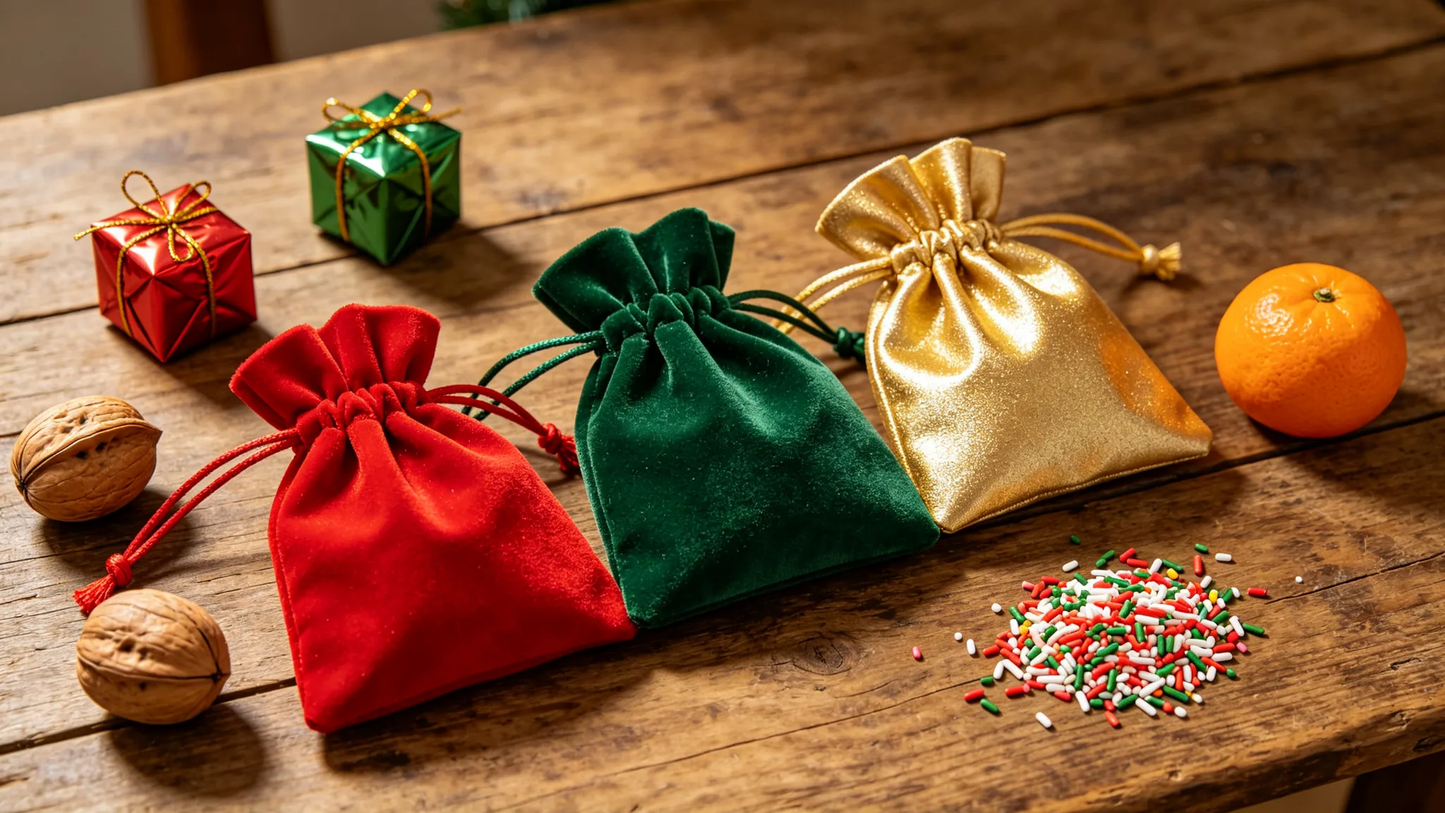 Small red, green, and gold Christmas drawstring pouches laid on a wooden table with wrapped mini gifts, a walnut, and an orange like a stocking-stuffer set