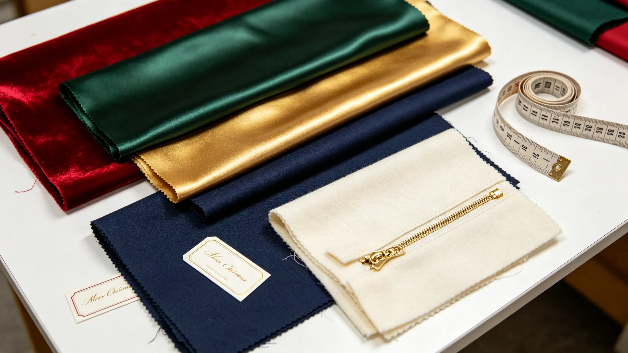 Fabric swatch cards in Christmas colors: red velvet, dark green satin, gold metallic polyester, navy canvas, and cream cotton with a gold zipper sample and measuring tape