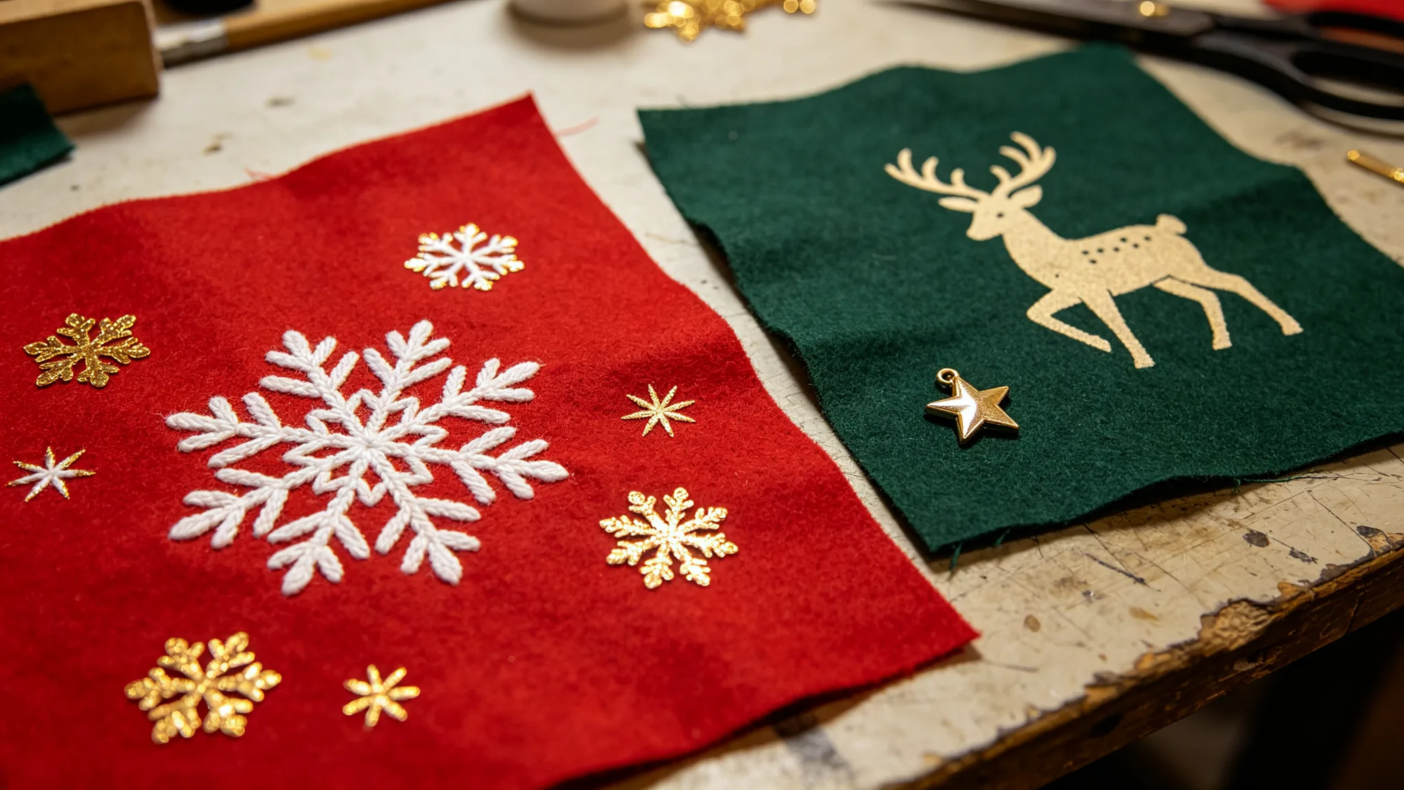 Close-up of Christmas decoration samples on red and dark green fabric: white snowflake embroidery, gold foil heat transfer, a screen-printed reindeer, and a star charm