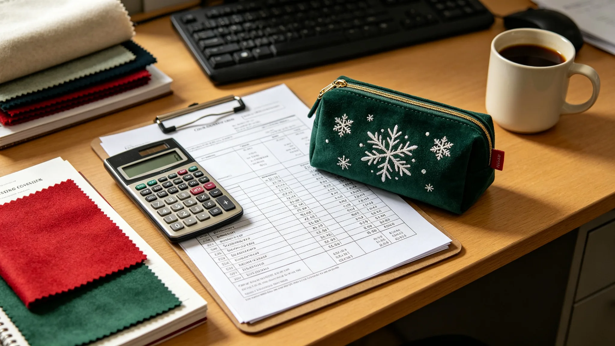 Costing engineer's desk with an itemized quotation sheet, calculator, festive fabric swatch books, and a dark green cosmetic pouch with snowflake embroidery