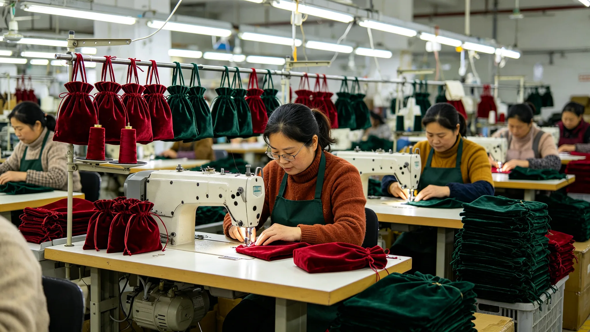 Bag factory production line with workers sewing red and dark green velvet gift bags on industrial machines with finished drawstring bags on a rail