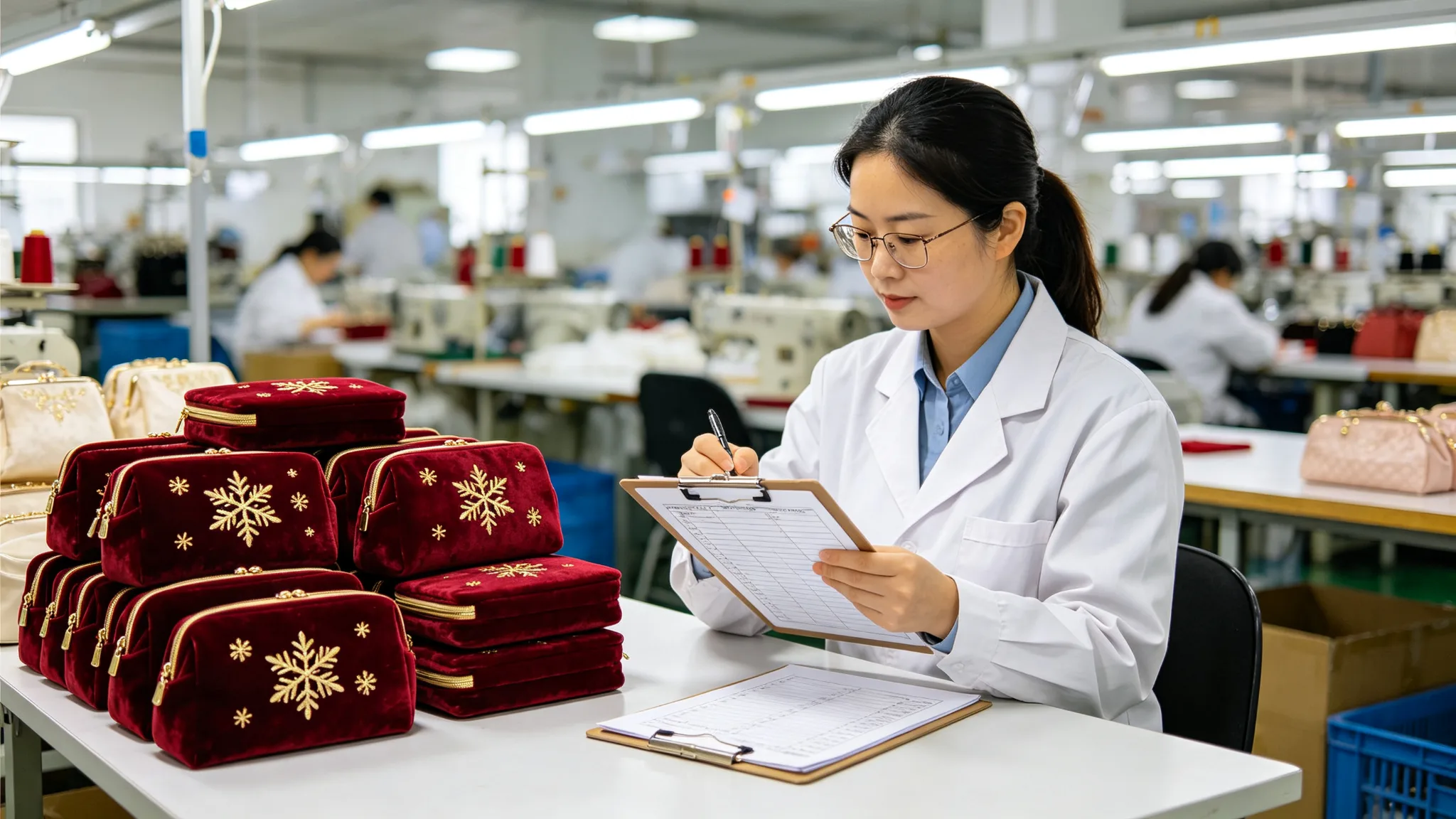 Quality inspector in a bright factory checking stacked finished red velvet Christmas cosmetic bags with gold snowflake embroidery at an inspection table