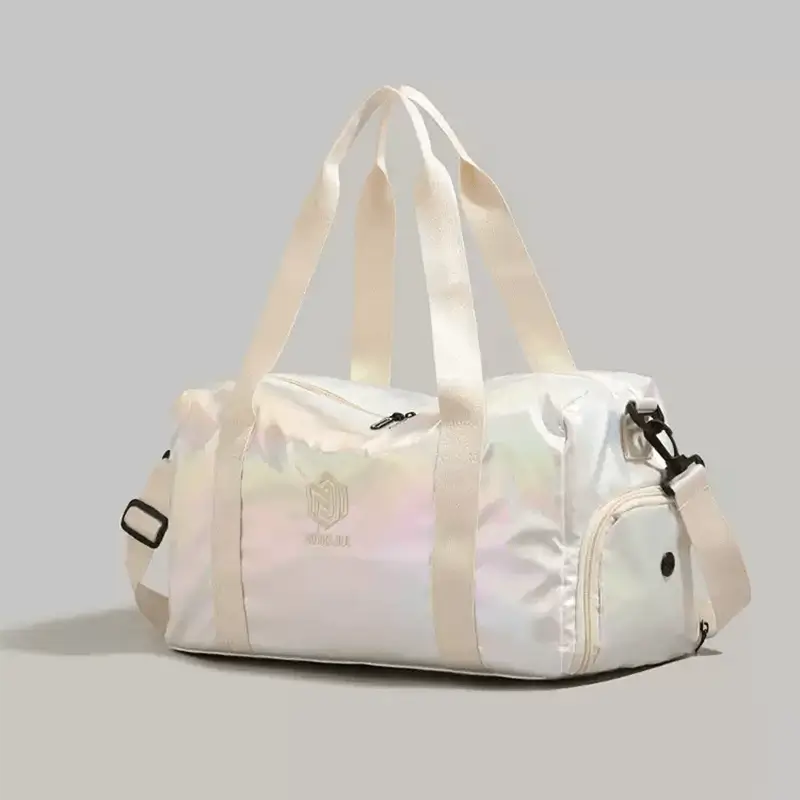 Iridescent duffel bag manufacturer - White glossy finish with dual handles for travel and gym OEM production