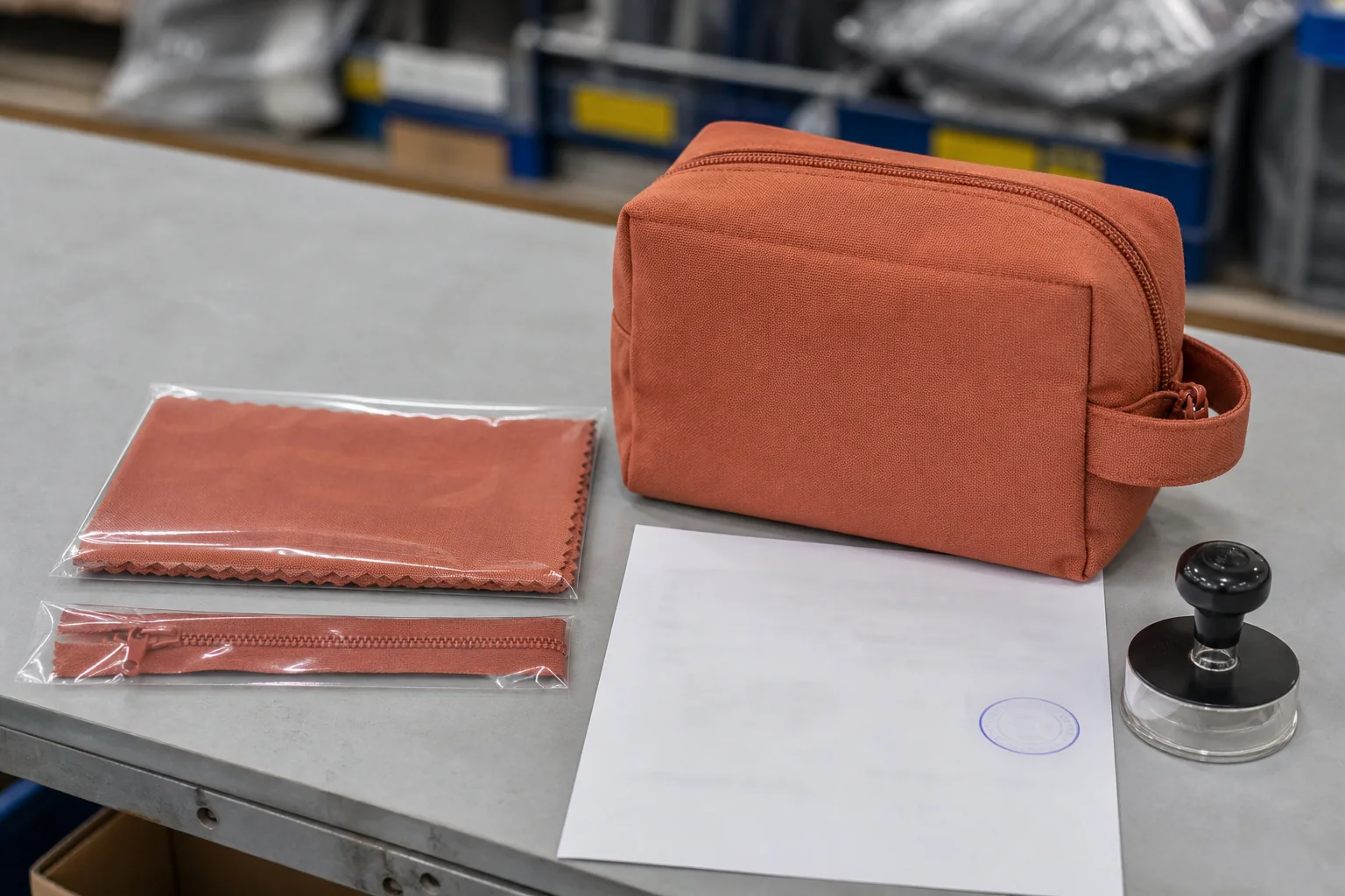 Terracotta cosmetic bag with sealed approved fabric and zipper color references