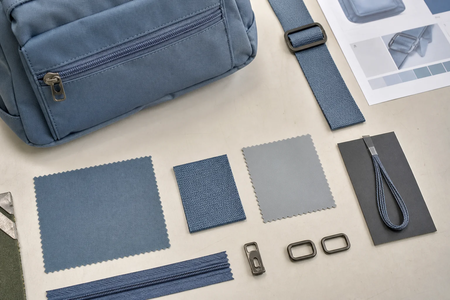 Dusty blue bag fabric zipper webbing lining thread and hardware approval set