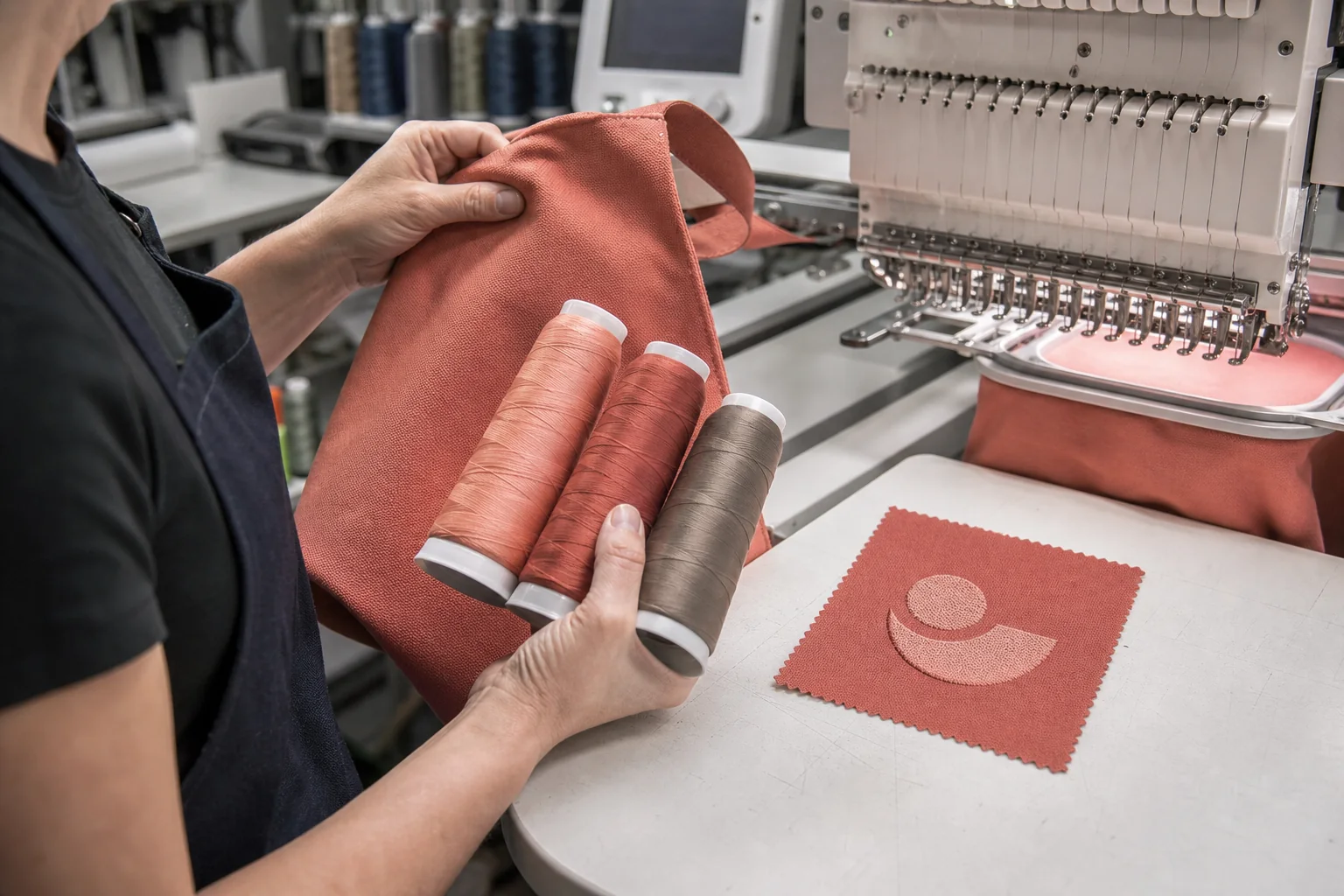 Embroidery thread options checked against coral bag fabric and stitch-out