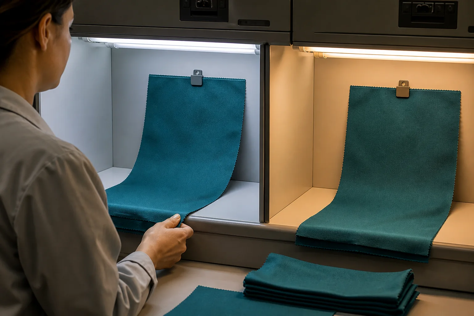 Teal fabric checked under daylight and warm retail light in a light booth