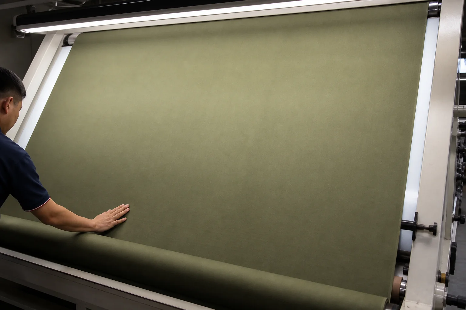 Inspector checking shade continuity across an olive fabric roll
