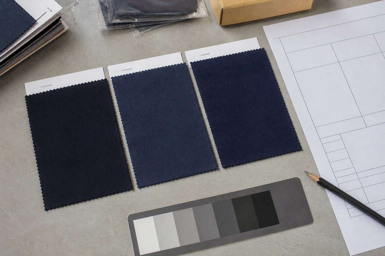 Three navy lab dip options arranged for physical approval