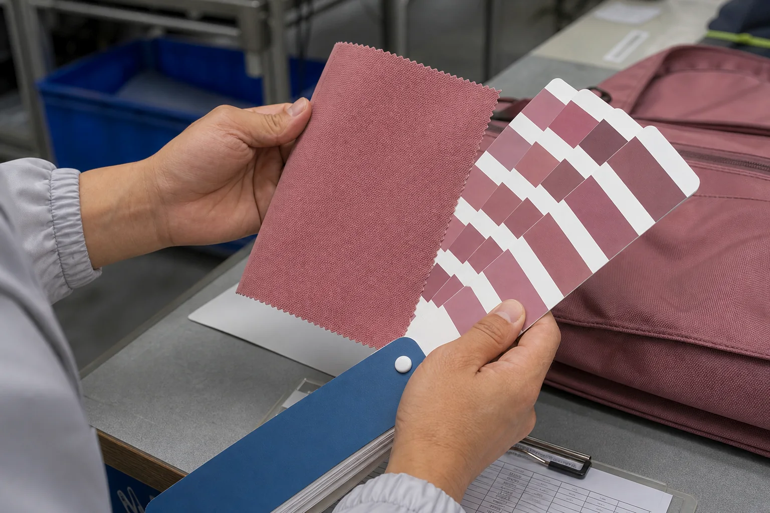 Technician comparing dusty rose bag fabric with a physical color guide