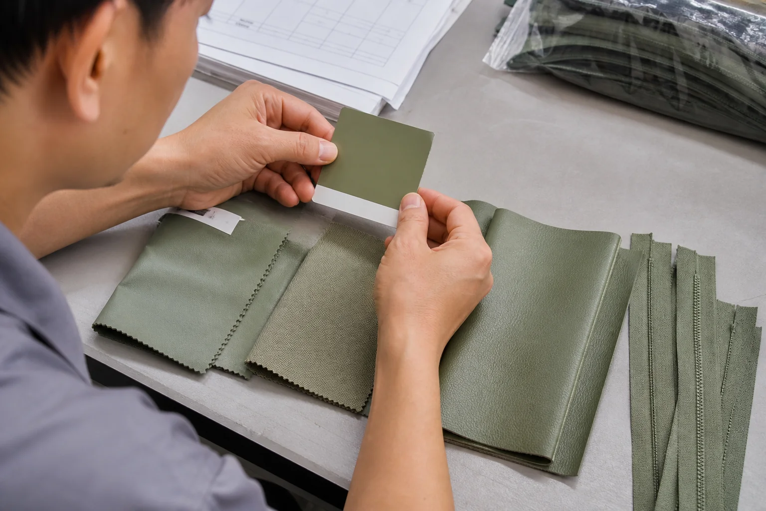 Green color target compared across nylon canvas PU and zipper materials