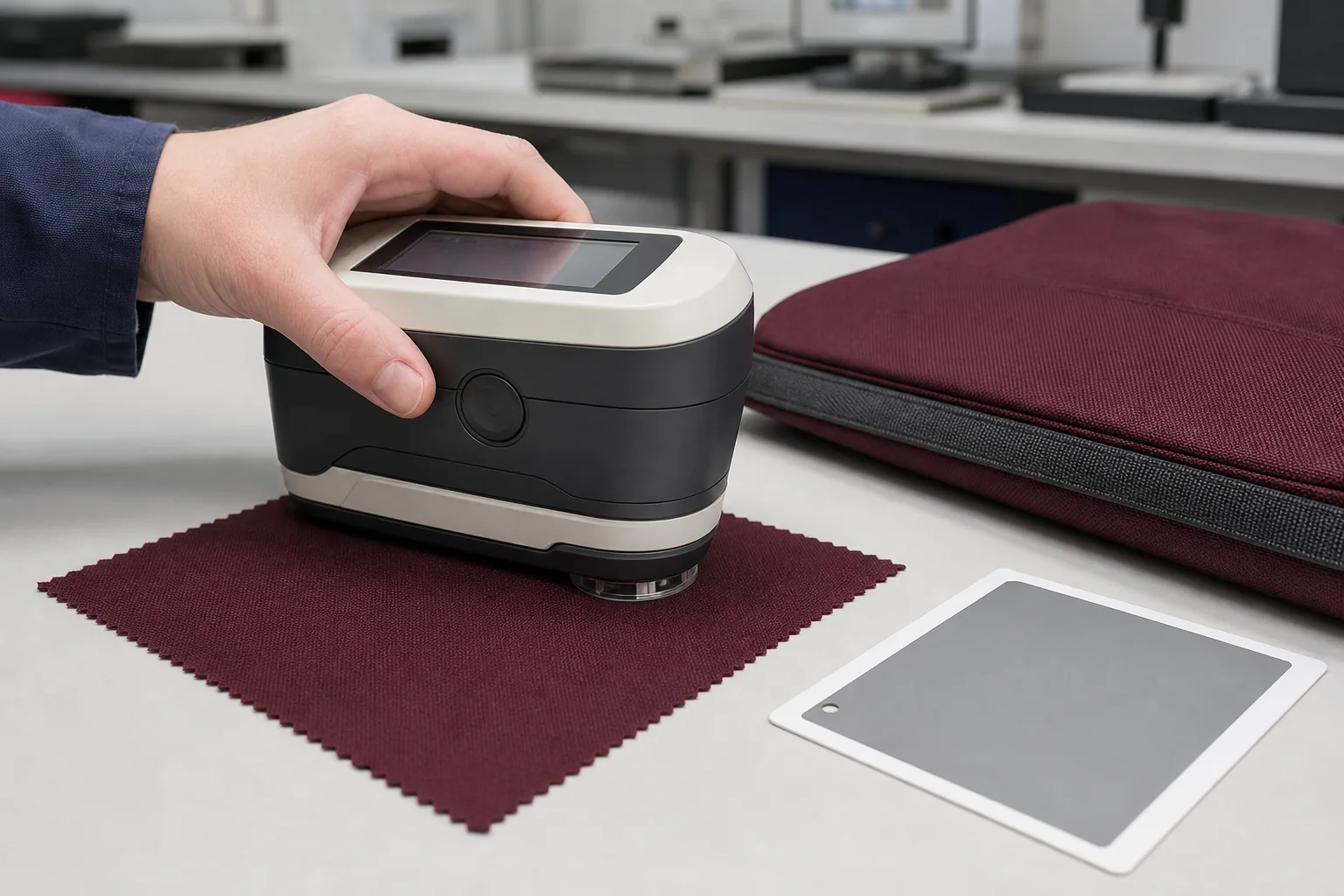 Spectrophotometer measuring burgundy bag fabric in a quality lab