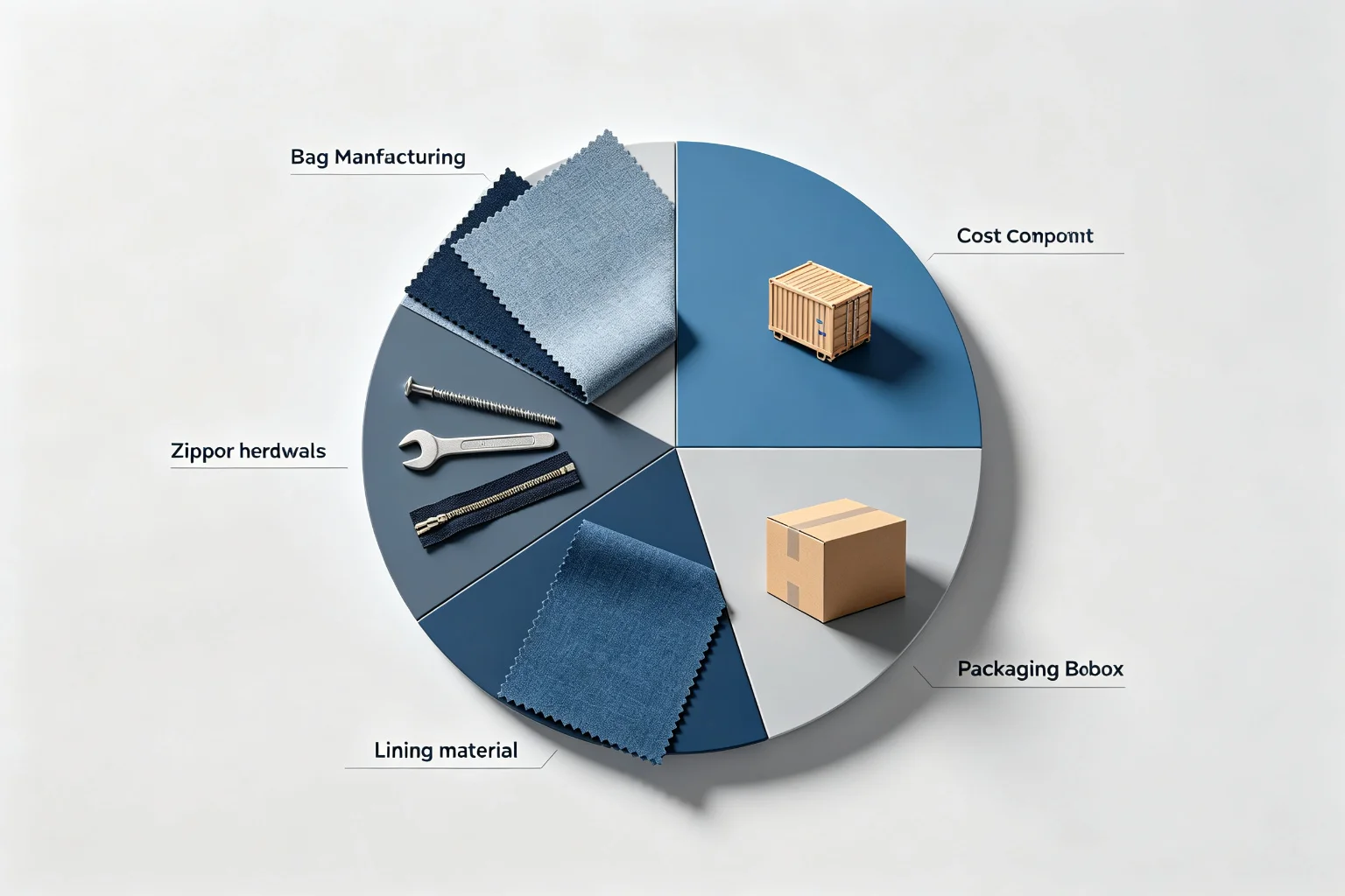 Visual cost breakdown of bag manufacturing showing fabric, hardware, labor, packaging and overhead components