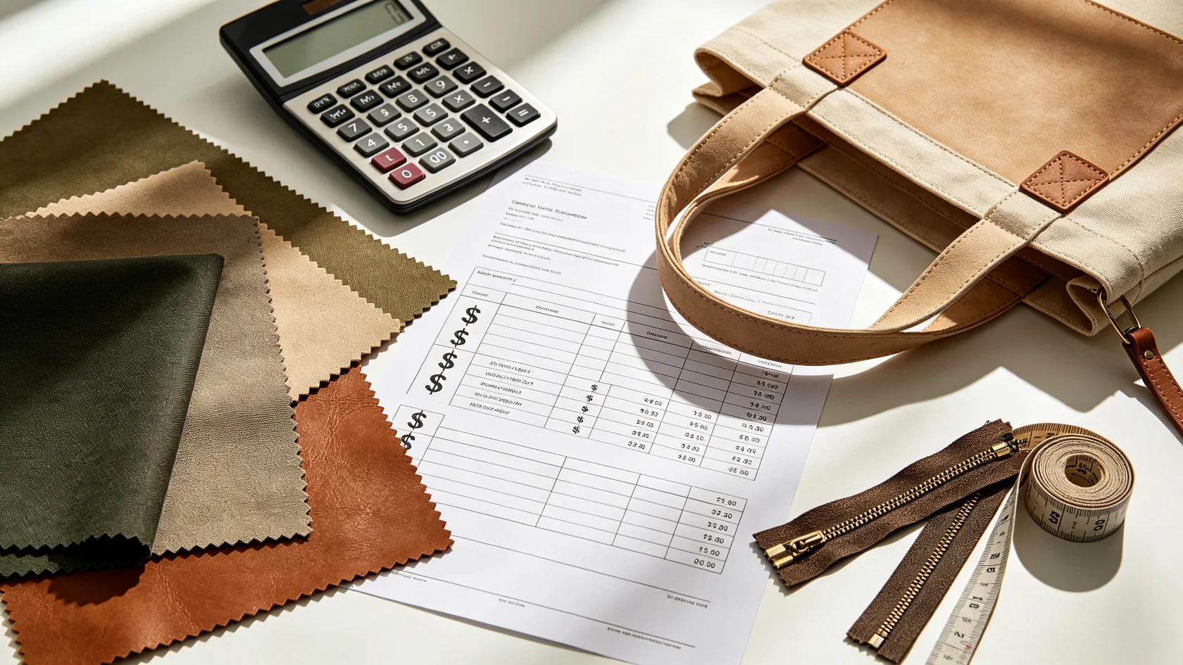 Bag manufacturer costing desk with fabric swatches, calculator, quotation sheets, measuring tape and zipper samples