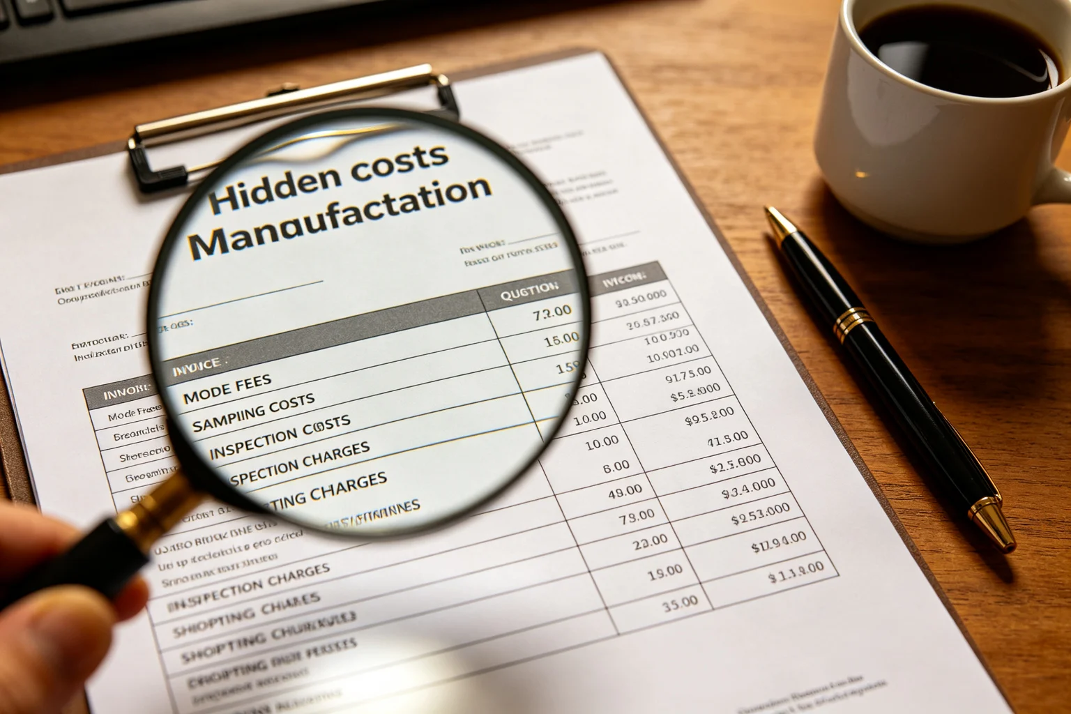 Magnifying glass over a manufacturing invoice revealing hidden costs like mold fees, sampling, inspection and shipping surcharges