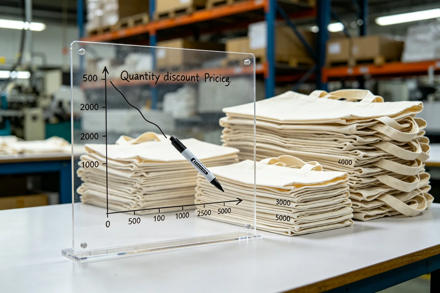 Quantity discount pricing curve showing unit price decreasing as order volume increases, with stacked bag batches in background