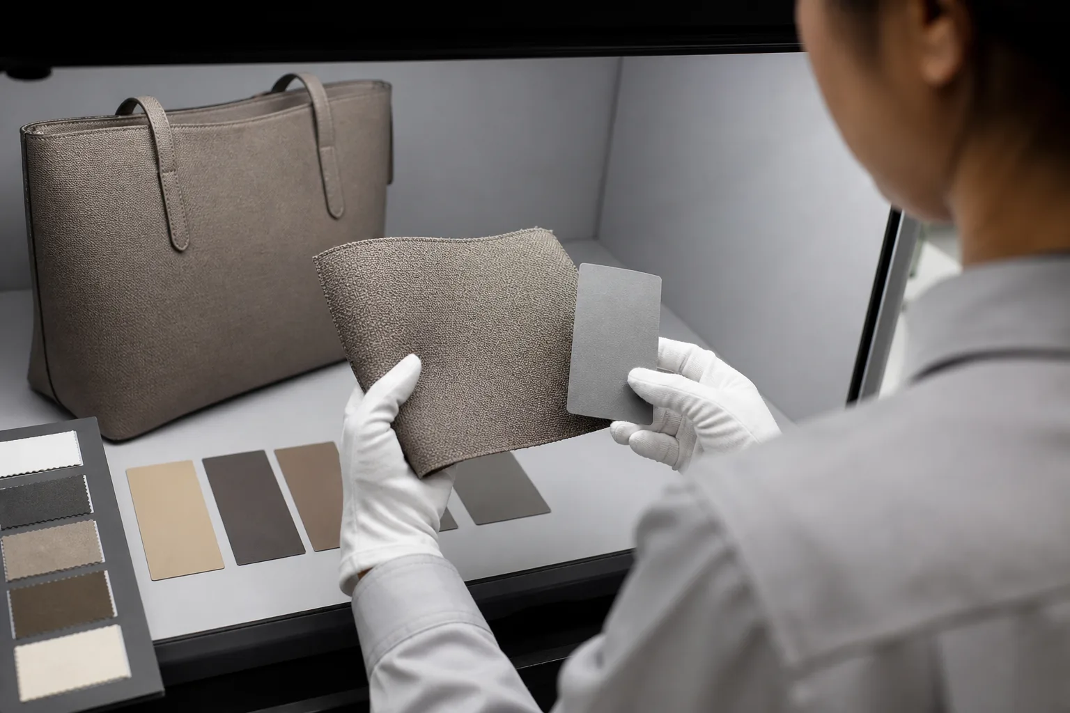 Technician comparing bag fabric and approved color swatches in a neutral light booth