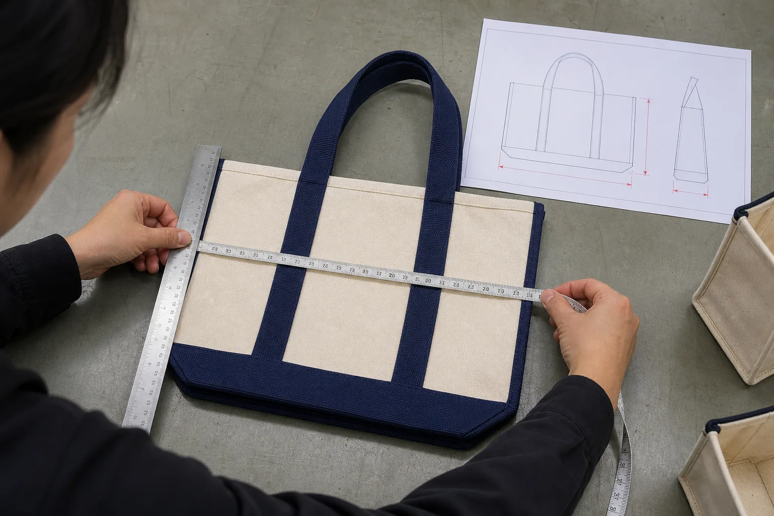 Technician measuring the width height and gusset of a tote sample against a specification drawing