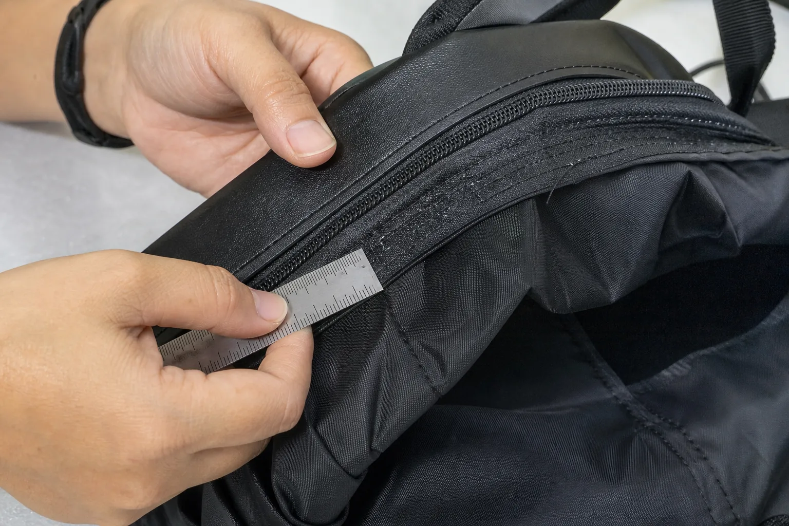 Open custom bag showing lining bound seams and internal pockets being measured