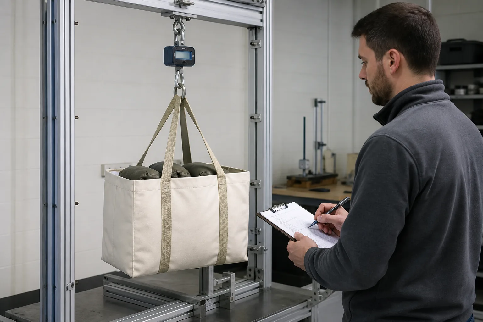 Weighted tote bag sample suspended during a handle and seam load test