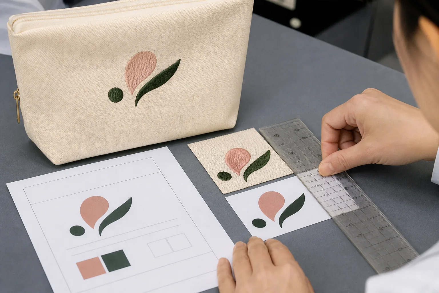 Technician comparing embroidered and printed logo samples with an alignment ruler