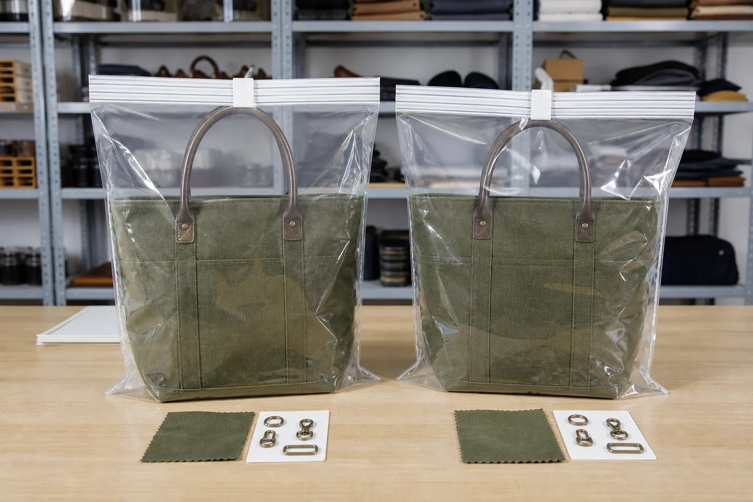 Custom bags with tissue hang tag barcode label and carton arranged for packaging approval