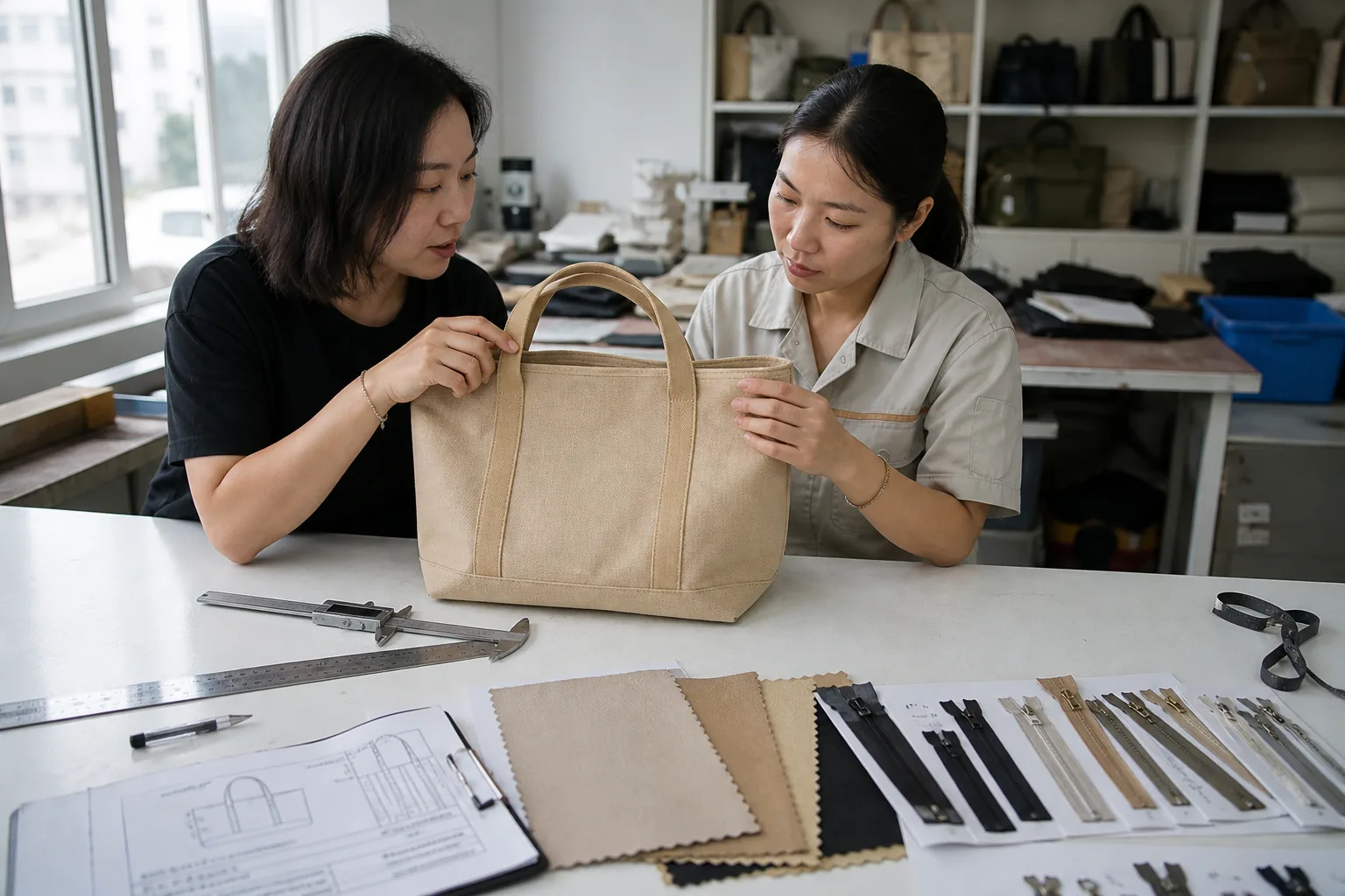 Buyer and bag factory technician reviewing a tote sample with ruler, fabric swatches and specification sheet
