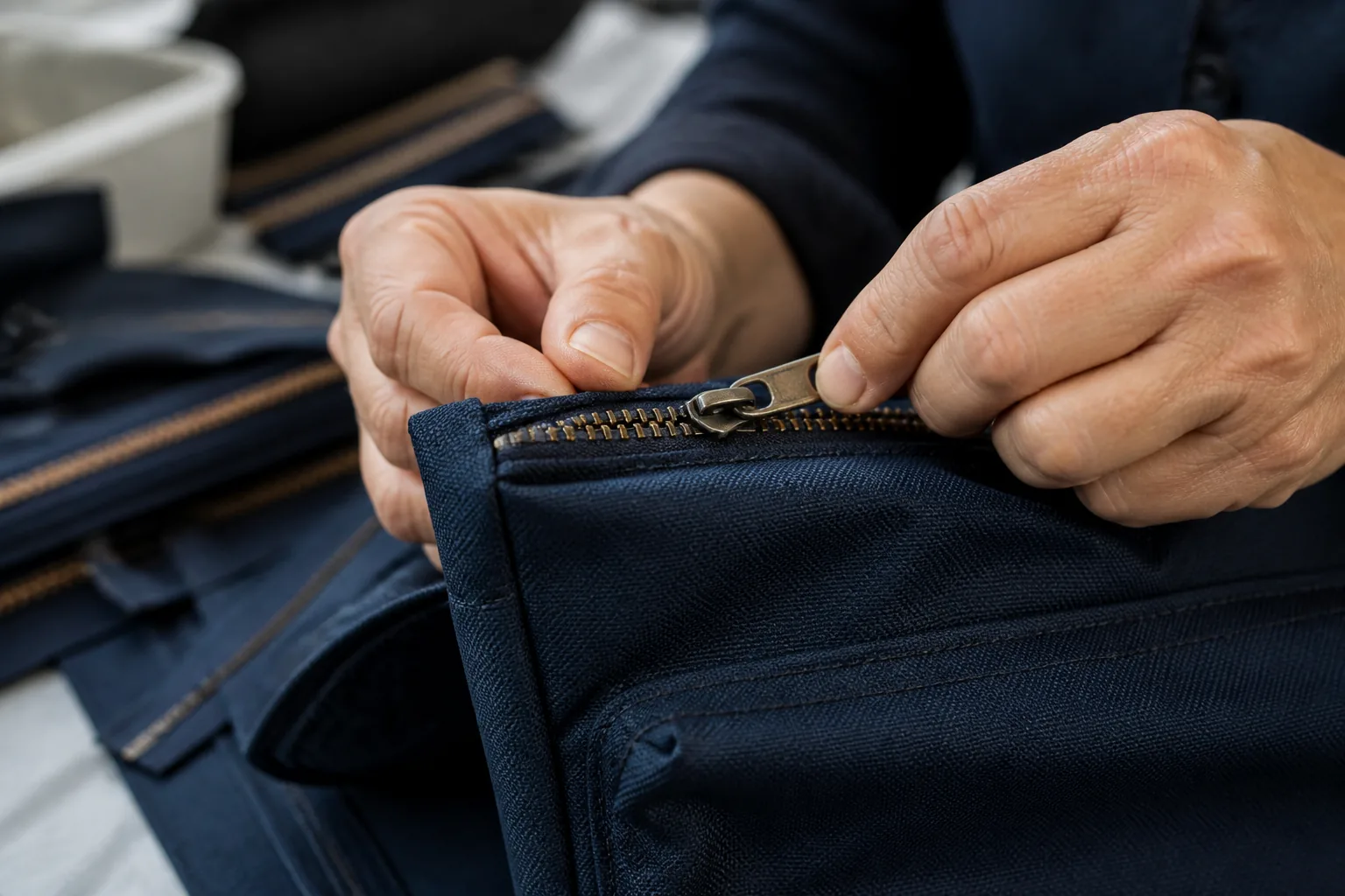 Hands checking zipper slider alignment end stops and zipper tape stitching on a bag sample