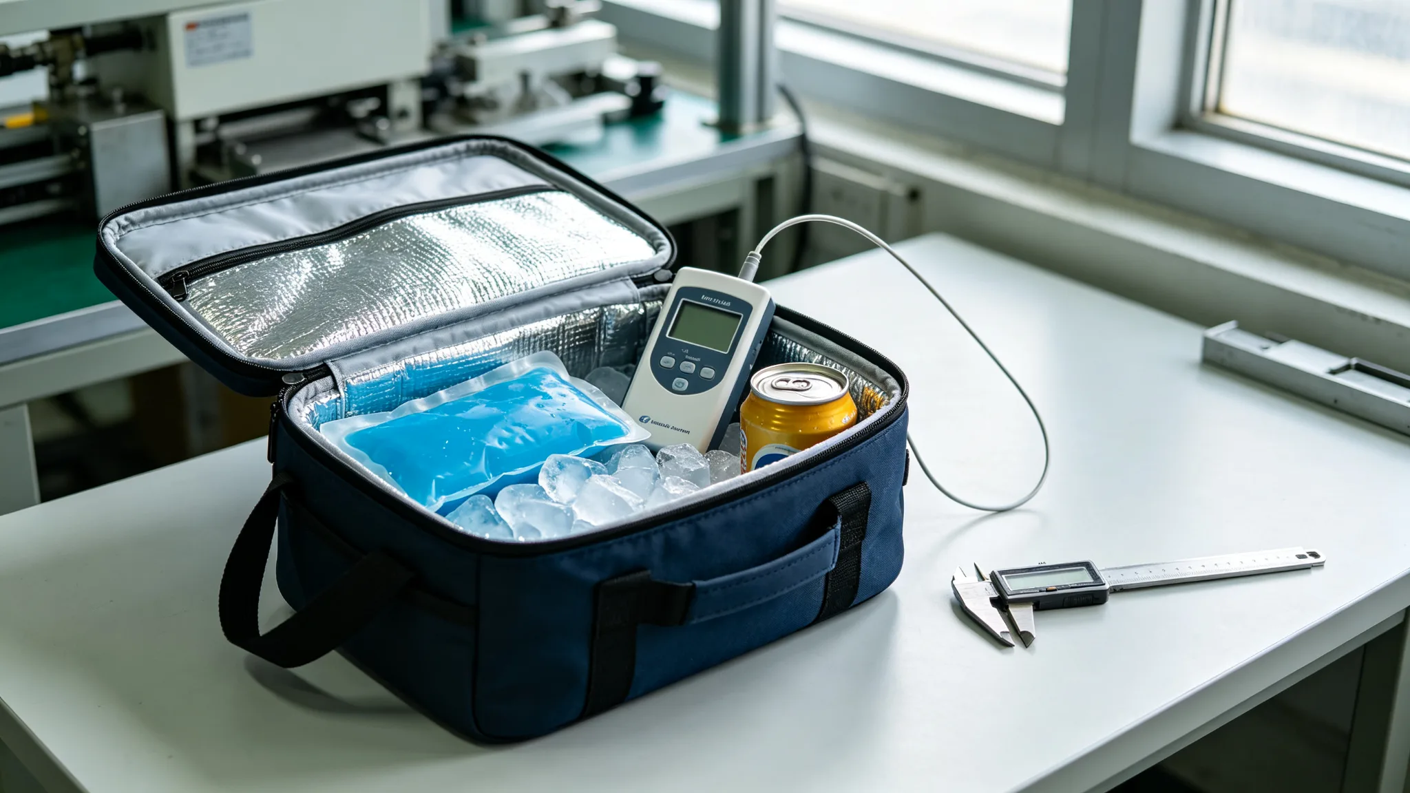 Open insulated cooler bag on a bright inspection bench with a digital temperature data logger, blue ice packs, a canned drink and a measuring tape