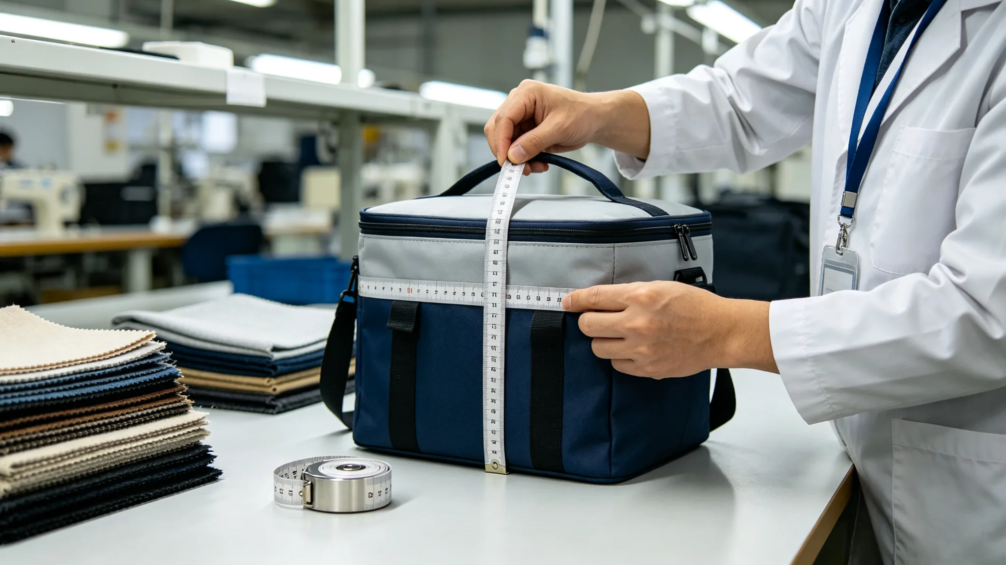 QC inspector measuring an insulated cooler bag with a metal tape on a factory bench with stacked fabric rolls