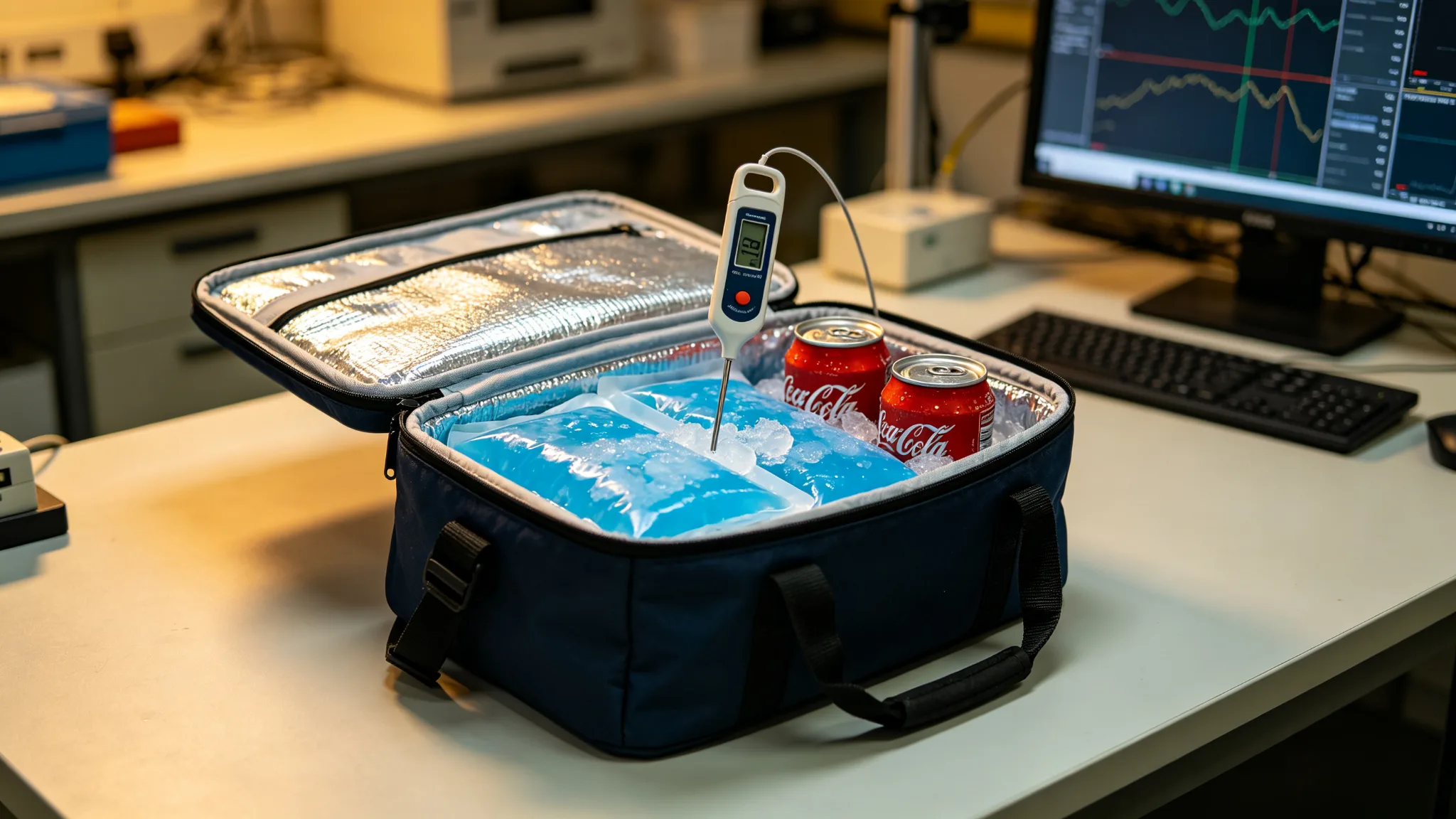 Open lunch cooler packed with blue ice packs and chilled canned drinks with a thermometer probe inserted at the centre on a lab bench