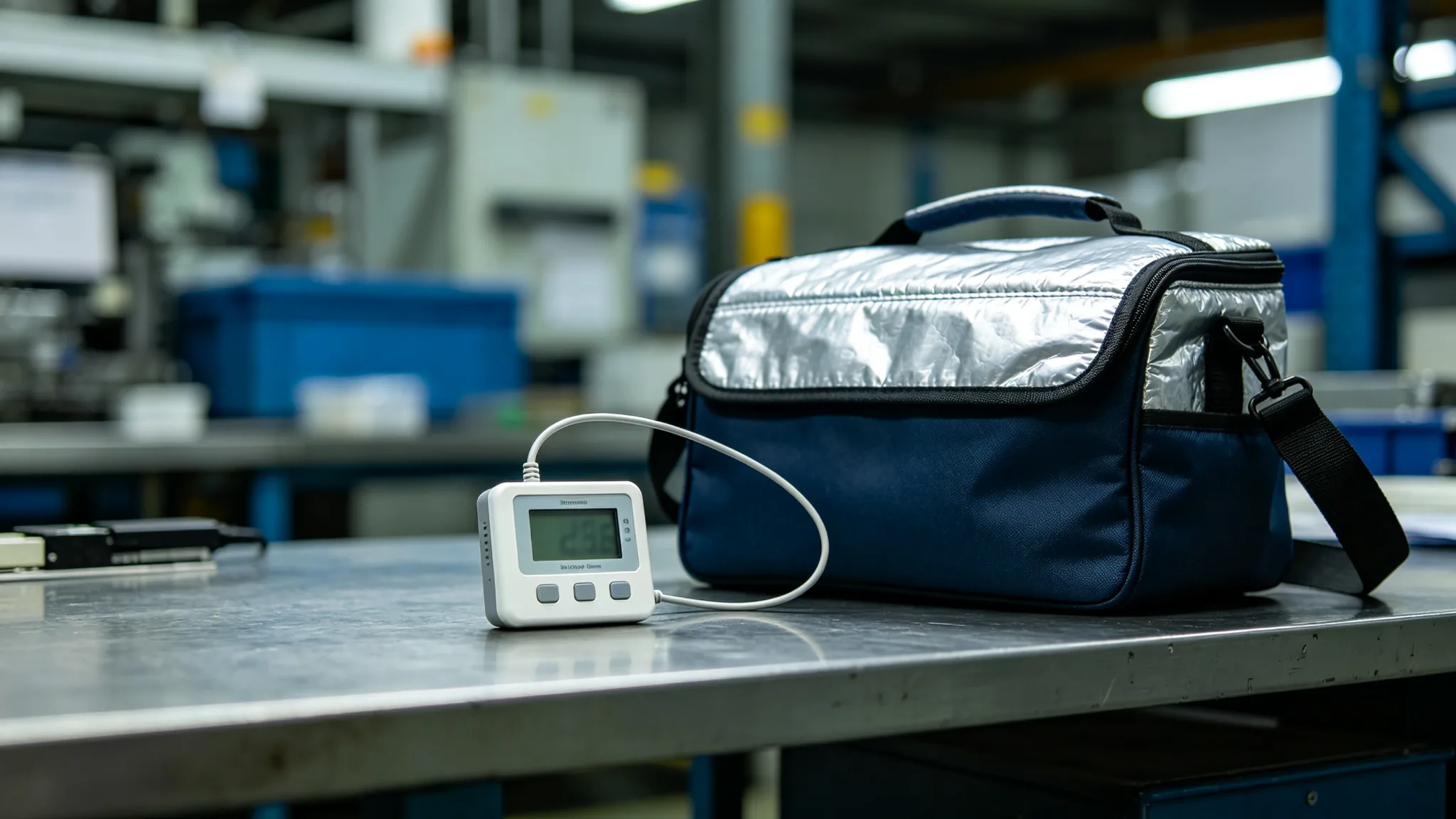 Digital temperature data logger unit with a sensor cable leading into an insulated cooler bag on a factory bench
