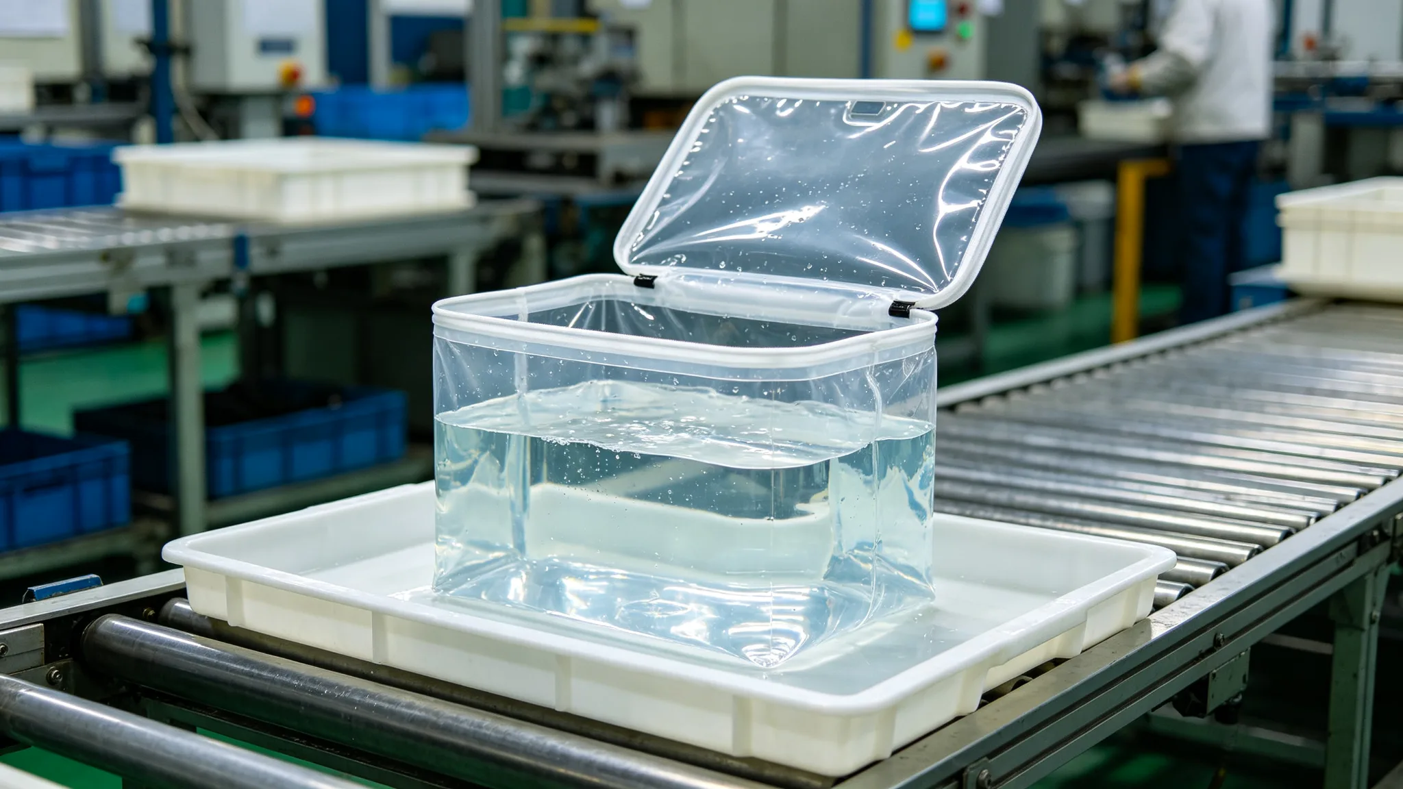 Clear PEVA cooler bag inner liner filled with water and held open on a white inspection tray in a factory