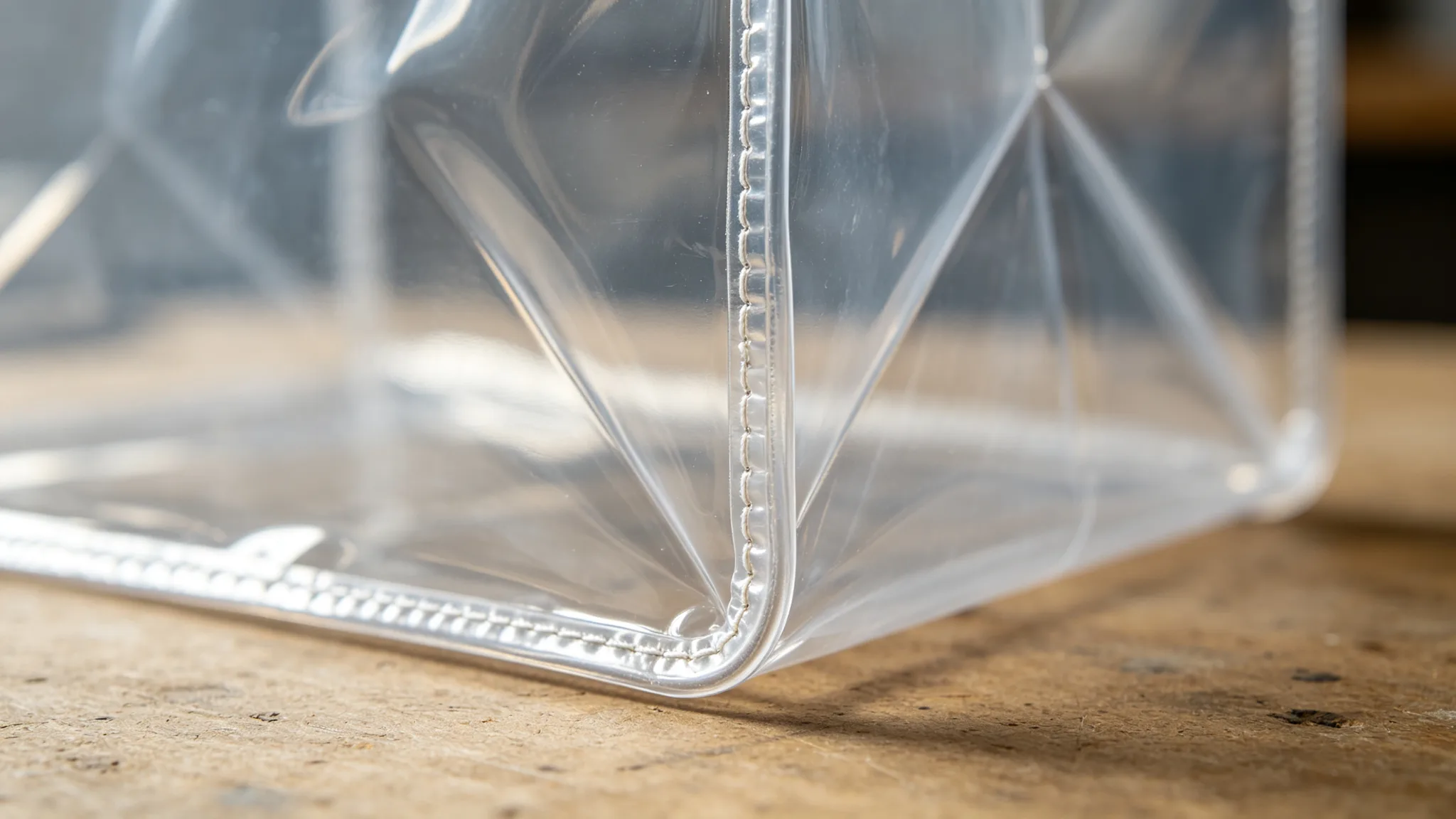 Macro detail of a heat-welded and stitched corner seam inside a clear flexible PEVA cooler bag liner