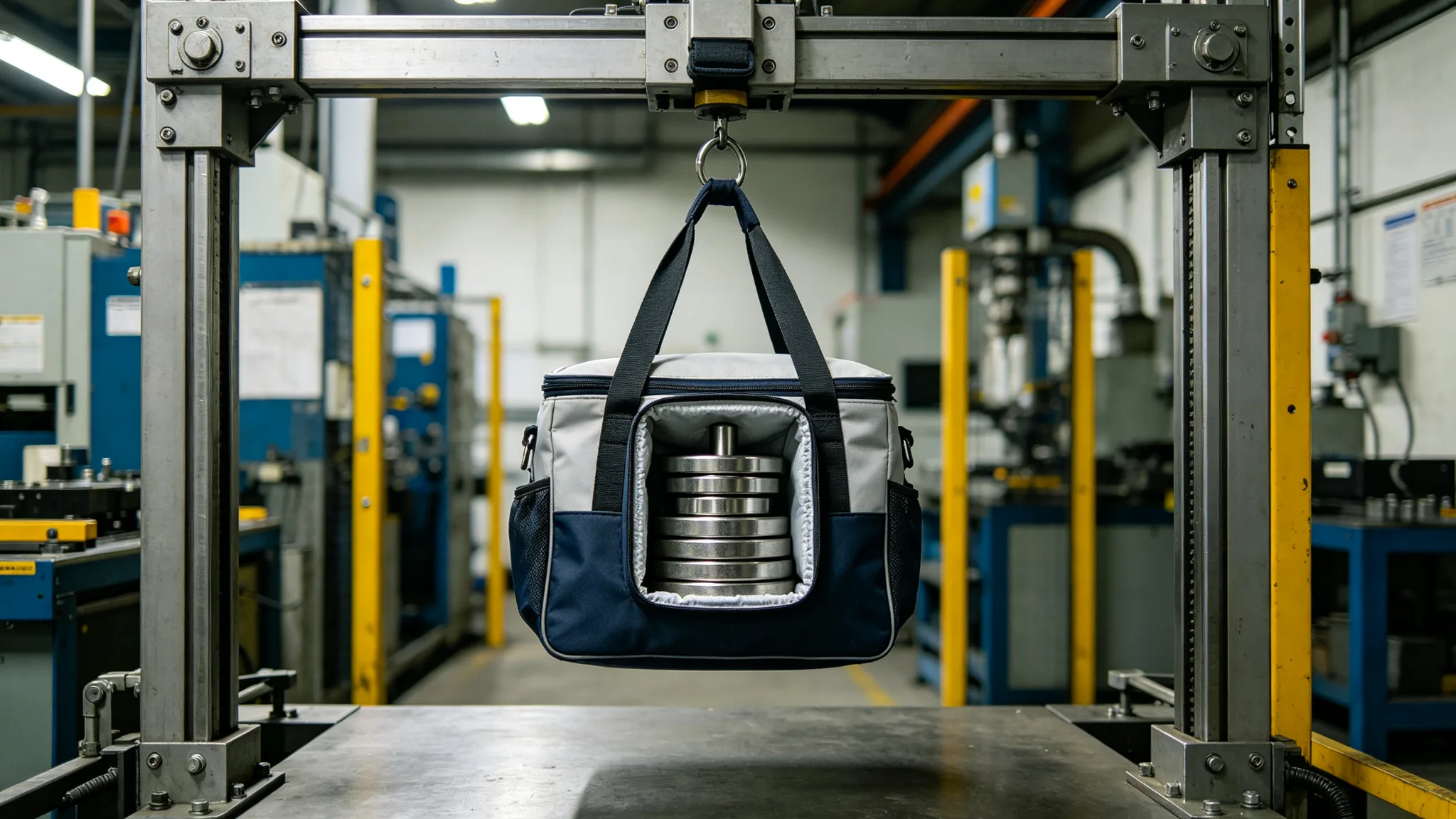 An insulated cooler bag hanging by its shoulder strap from a metal test frame with stacked metal weights inside