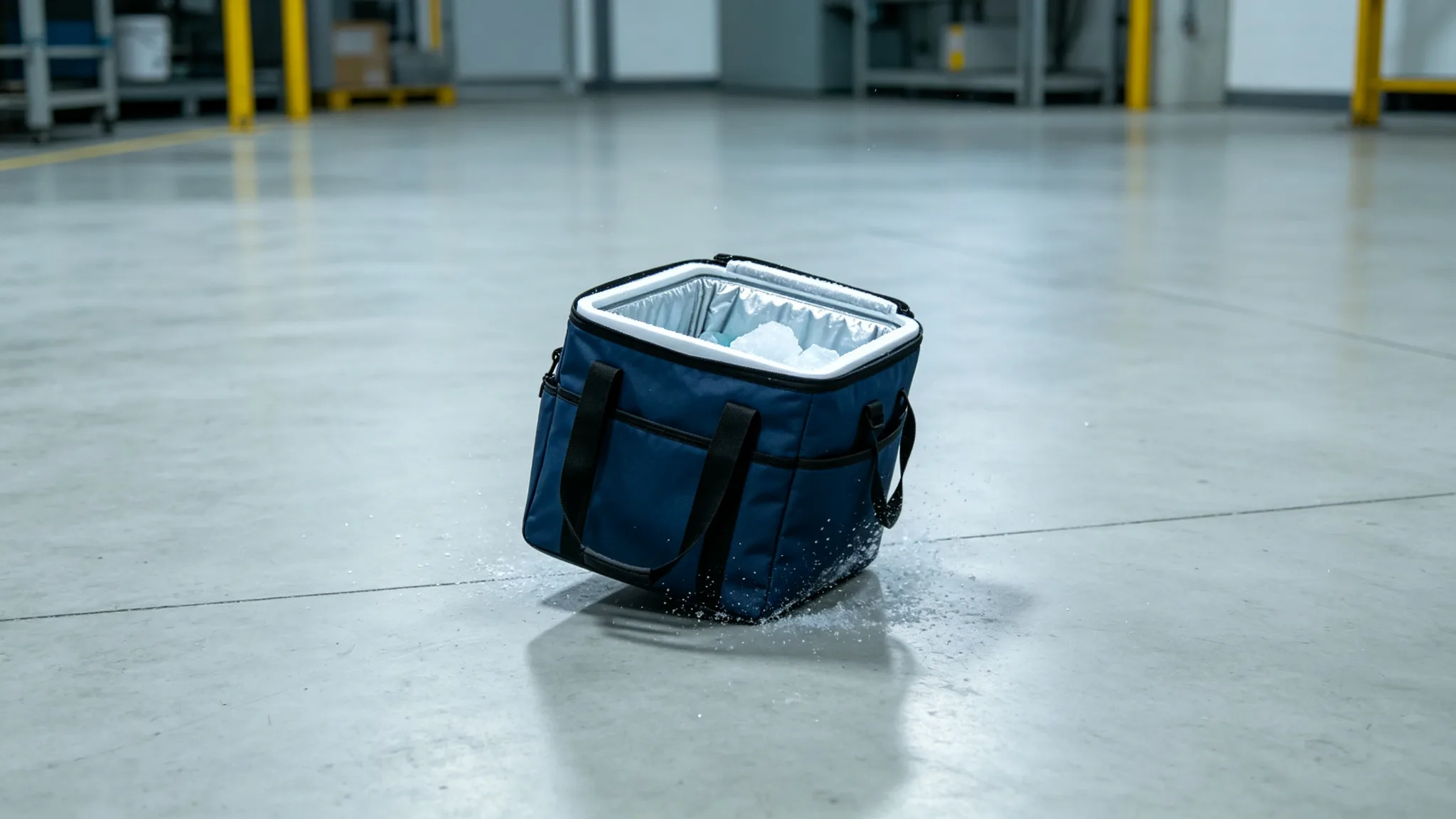 A loaded insulated cooler bag dropped onto a clean light-grey concrete factory floor at a slight impact angle