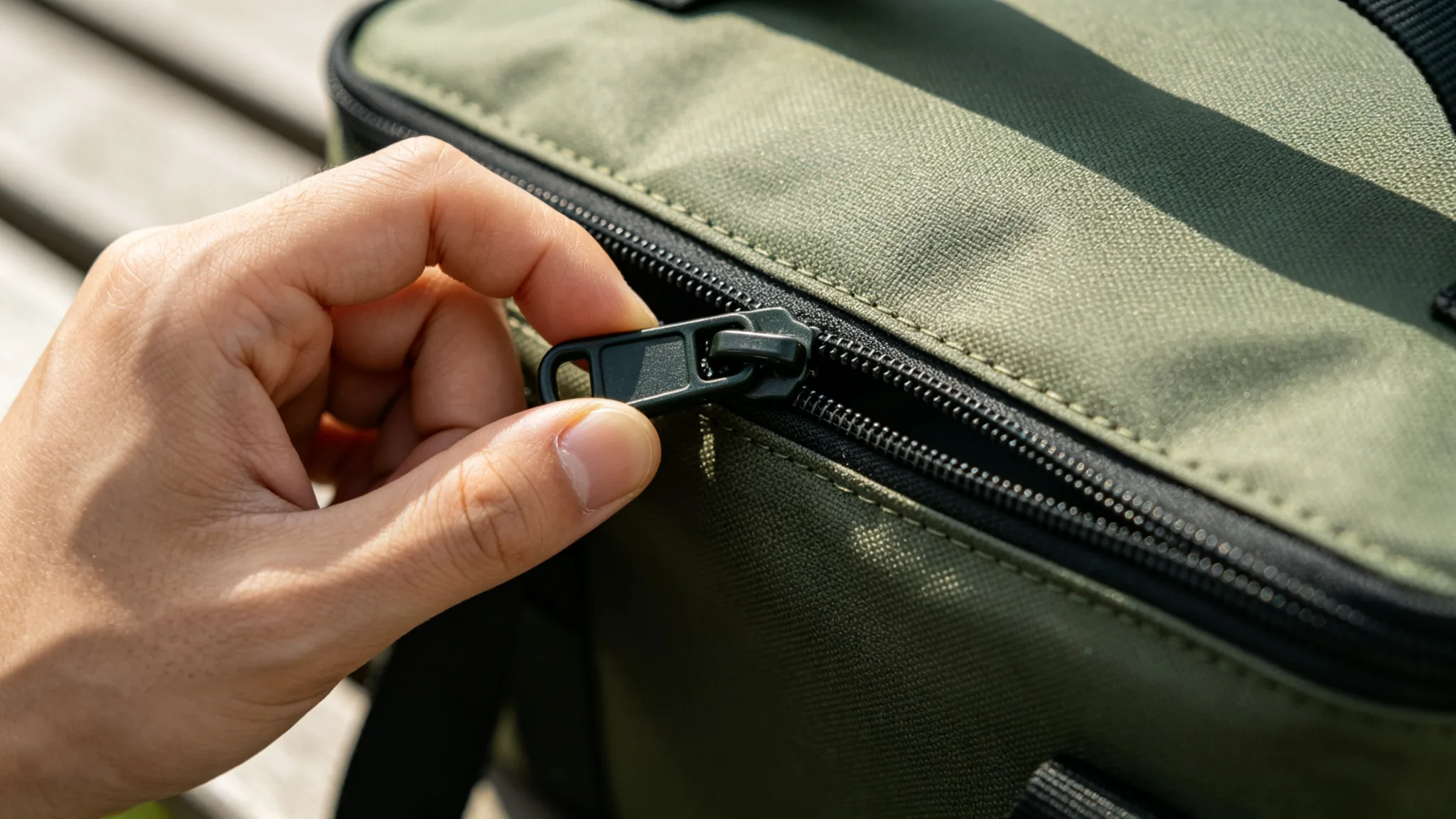 Close-up of a hand pulling a heavy-duty zipper slider on an insulated cooler bag showing interlocking teeth