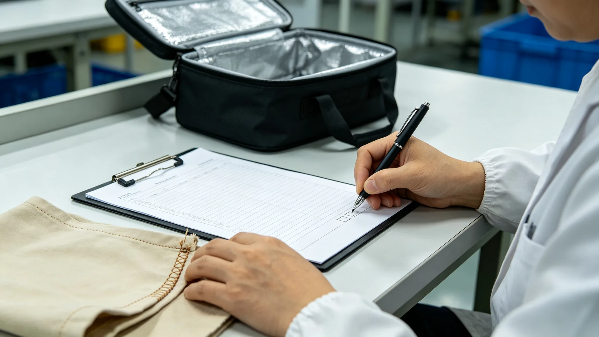 QC inspector ticking a paper checklist on a clipboard next to an open cooler bag on a bright inspection bench