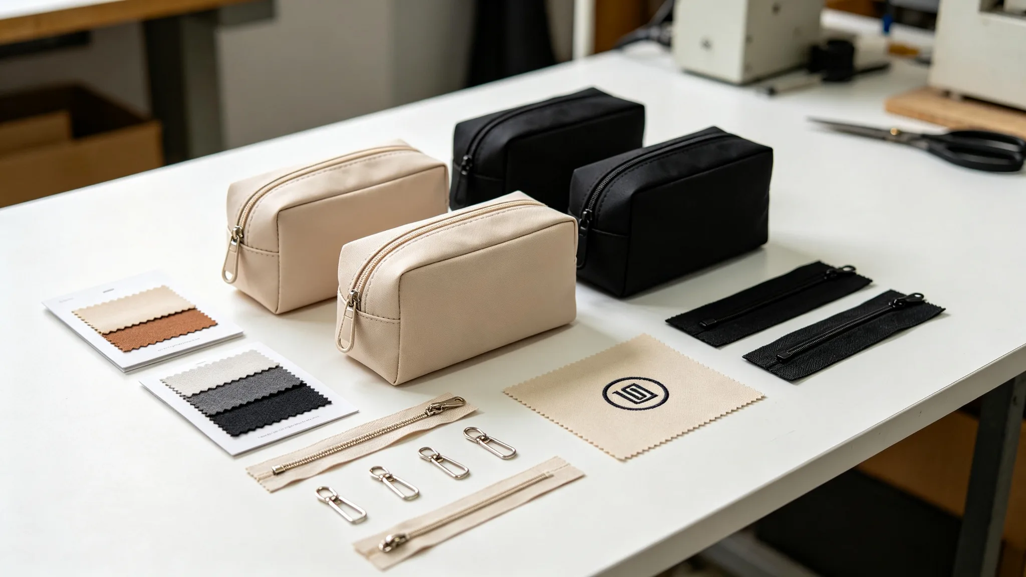 Flat lay of custom cosmetic bag samples with fabric swatches, zippers, and embroidered logo samples on a workshop table