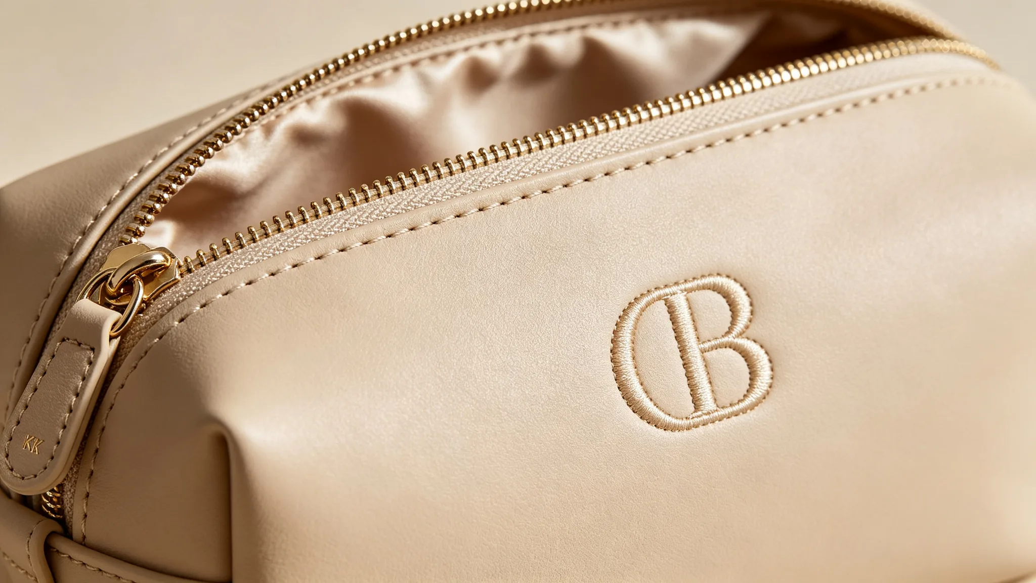 Close-up of custom embroidered logo on a beige cosmetic bag with YKK zipper and satin lining