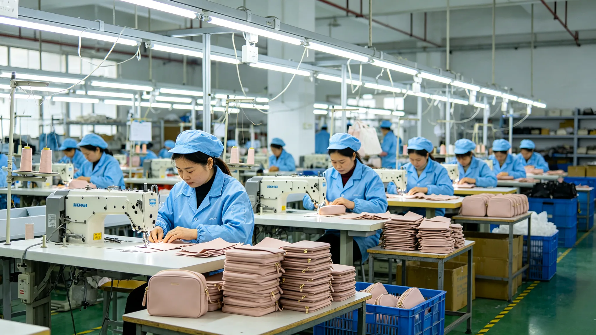 Bag factory production line with workers sewing cosmetic bags on industrial machines