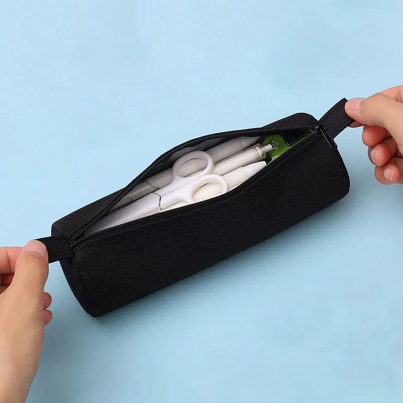 Black cylindrical Oxford cloth bag open - Stationery storage demonstration for wholesale distribution