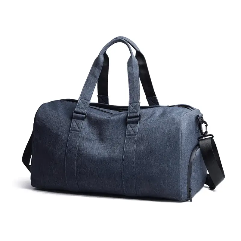 Custom denim weekender duffel bag production for fitness brands