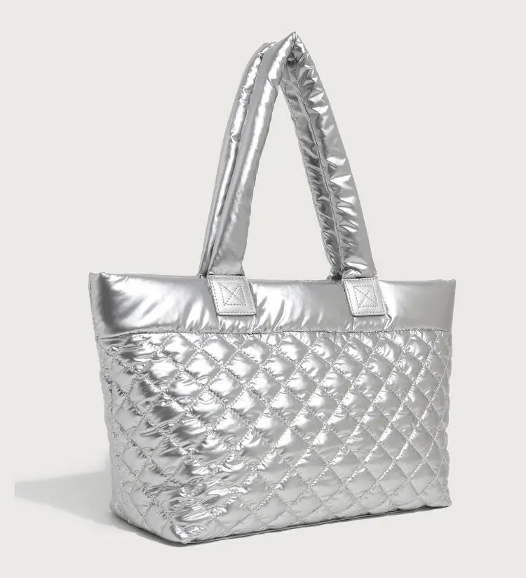 Metallic tote front view - Custom manufacturing quality for wholesale fashion accessories showing construction detail